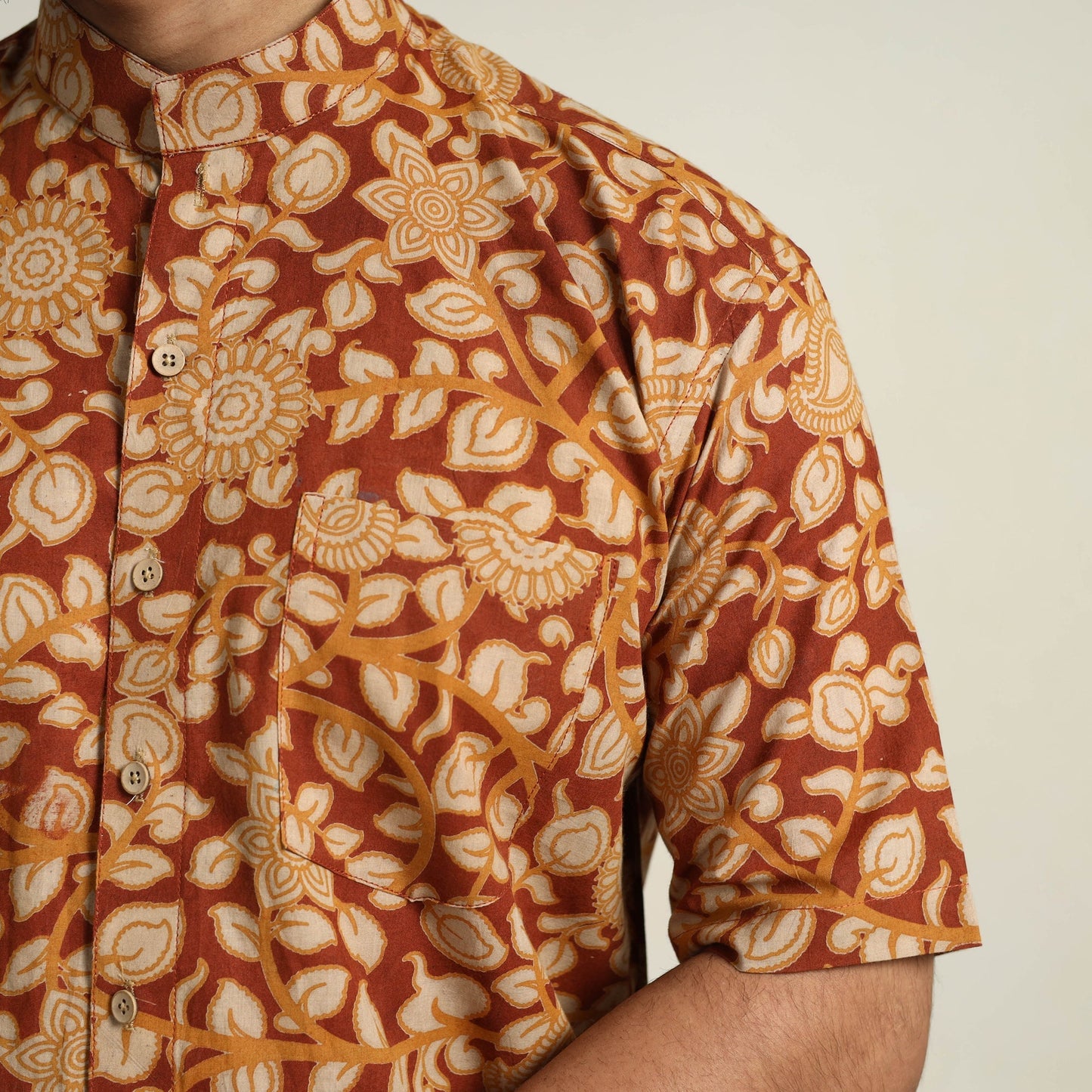 Brown Cotton Men Kalamkari Print Shirt