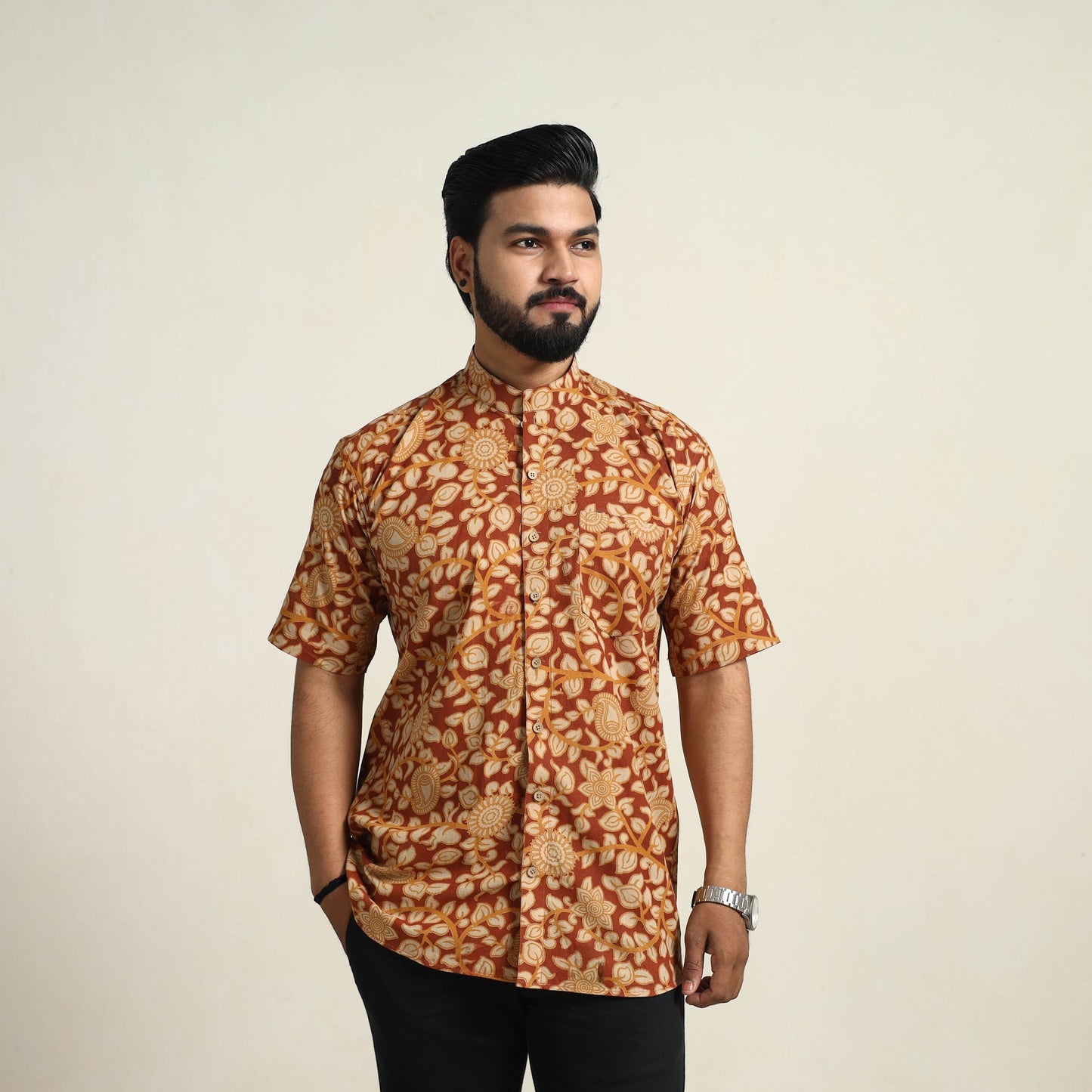 Brown Cotton Men Kalamkari Print Shirt