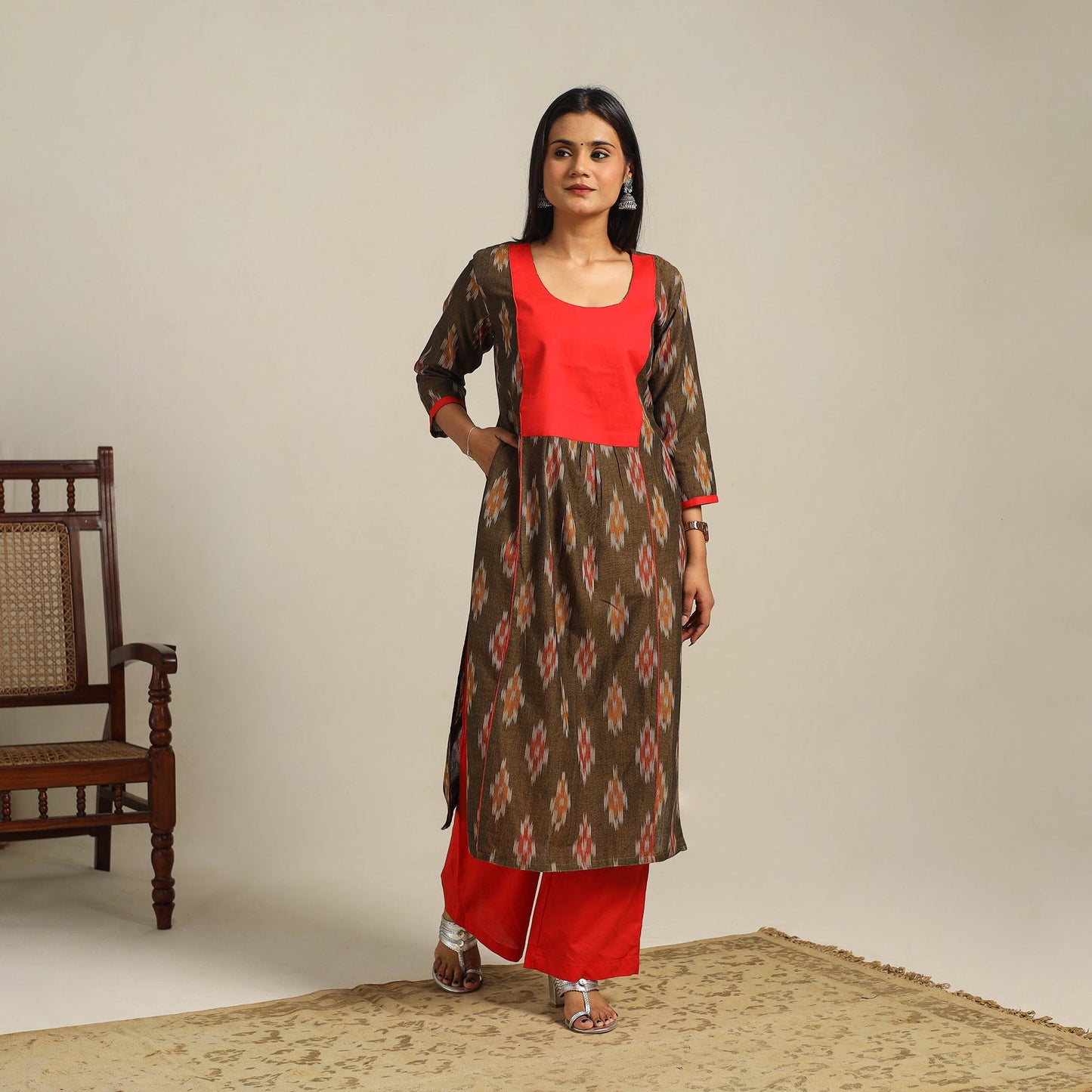 Brown Cotton Pochampally Ikat Kurta Set (Set of 2)