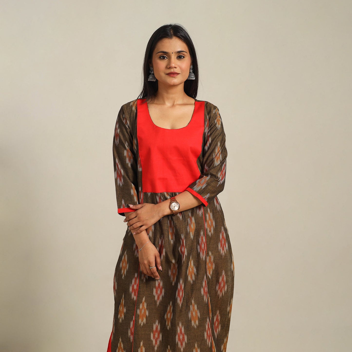 Brown Cotton Pochampally Ikat Kurta Set (Set of 2)
