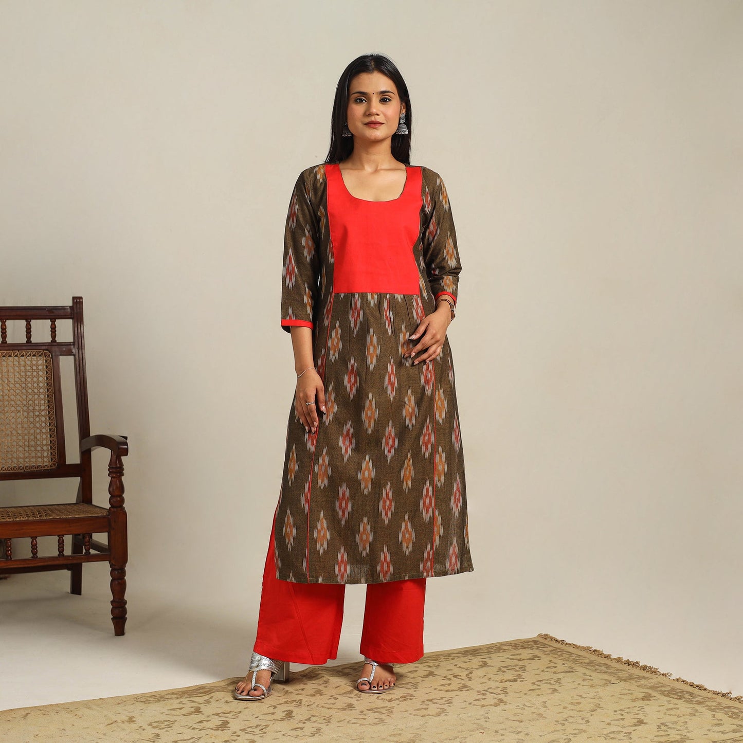 Brown Cotton Pochampally Ikat Kurta Set (Set of 2)