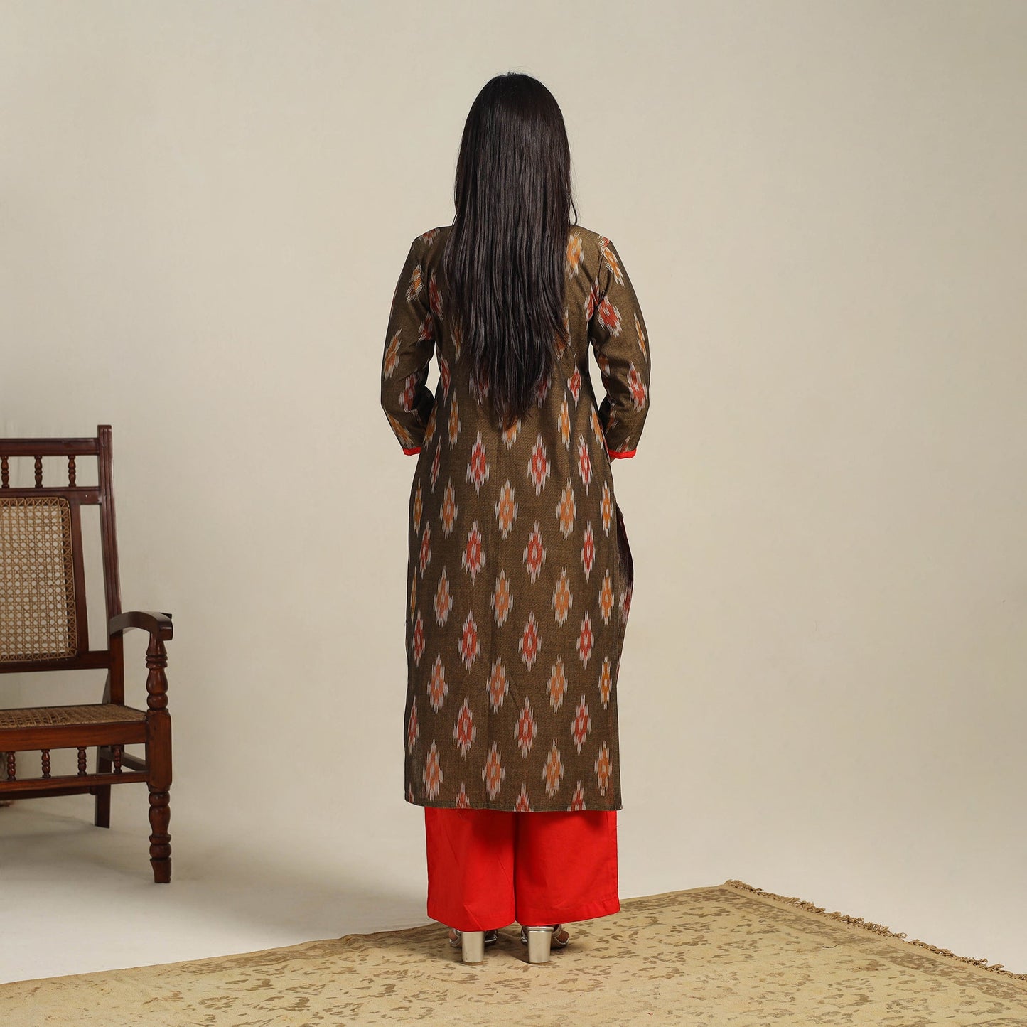 Brown Cotton Pochampally Ikat Kurta Set (Set of 2)