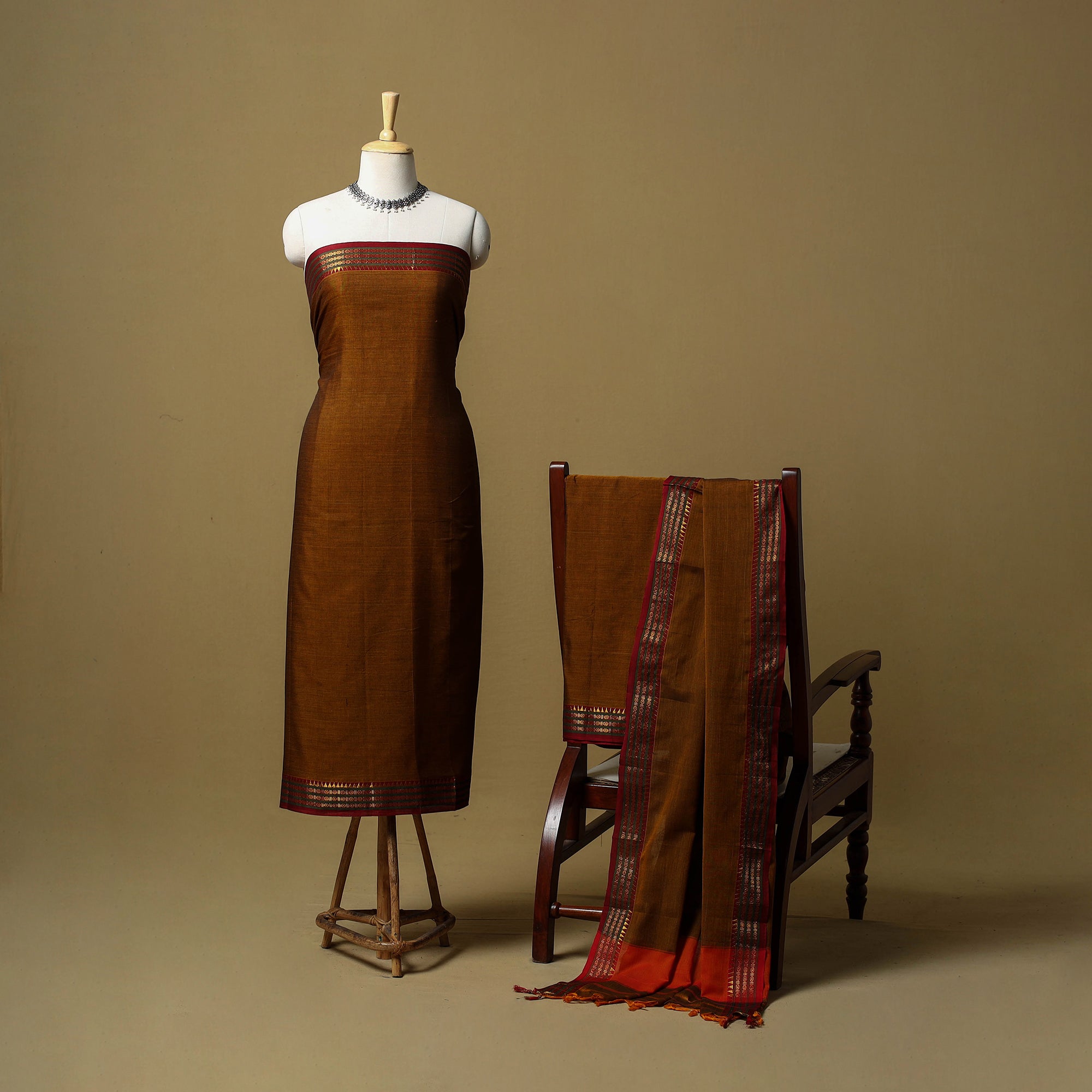 Brown Dharwad Cotton 3pc with BorderUnstitched Dress Material Suit Sets