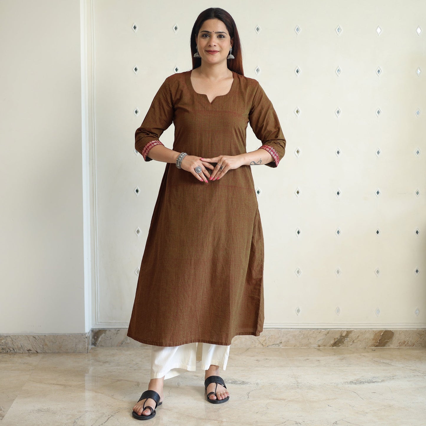 Brown - Dharwad Cotton Long A-Line Kurta for Women
