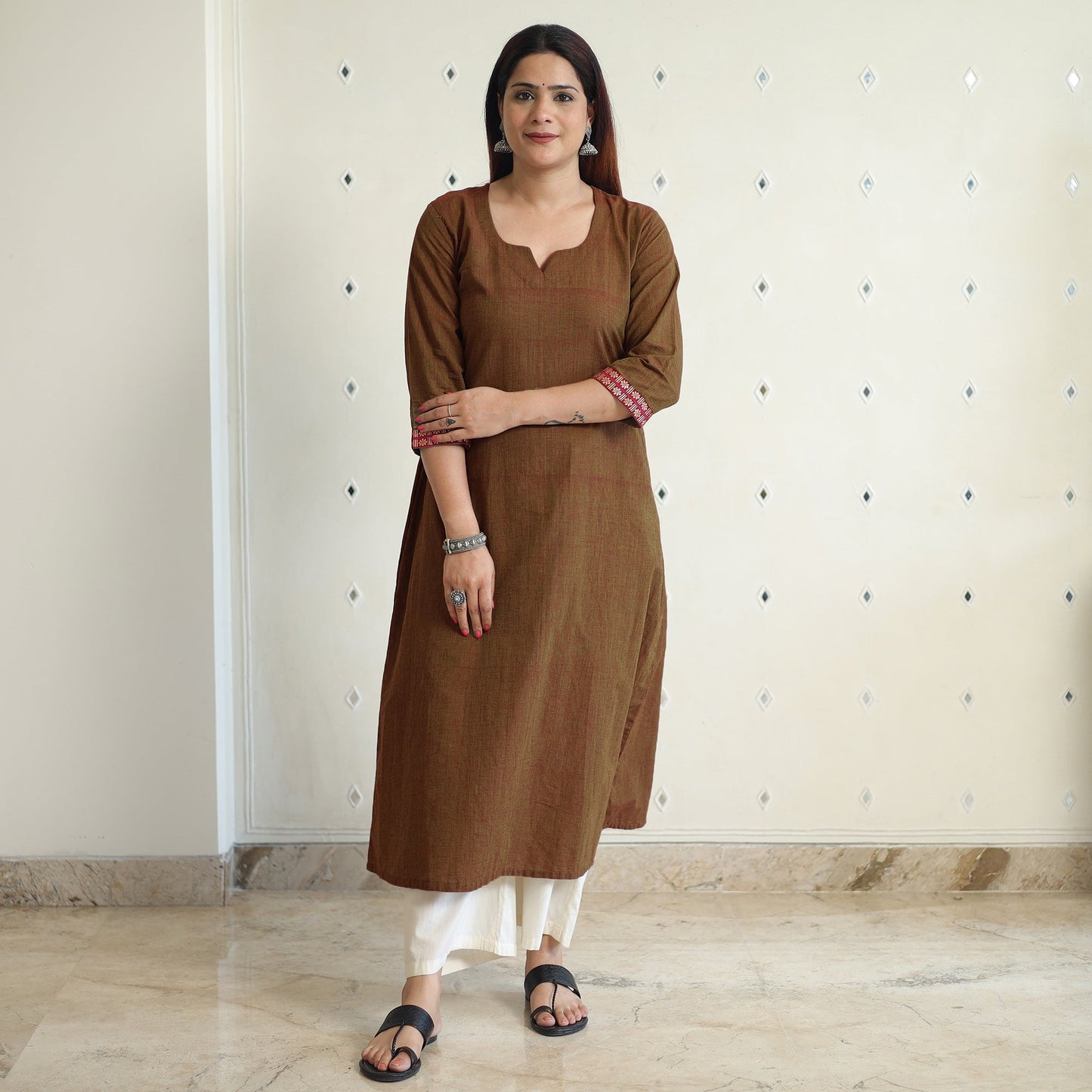 Brown - Dharwad Cotton Long A-Line Kurta for Women