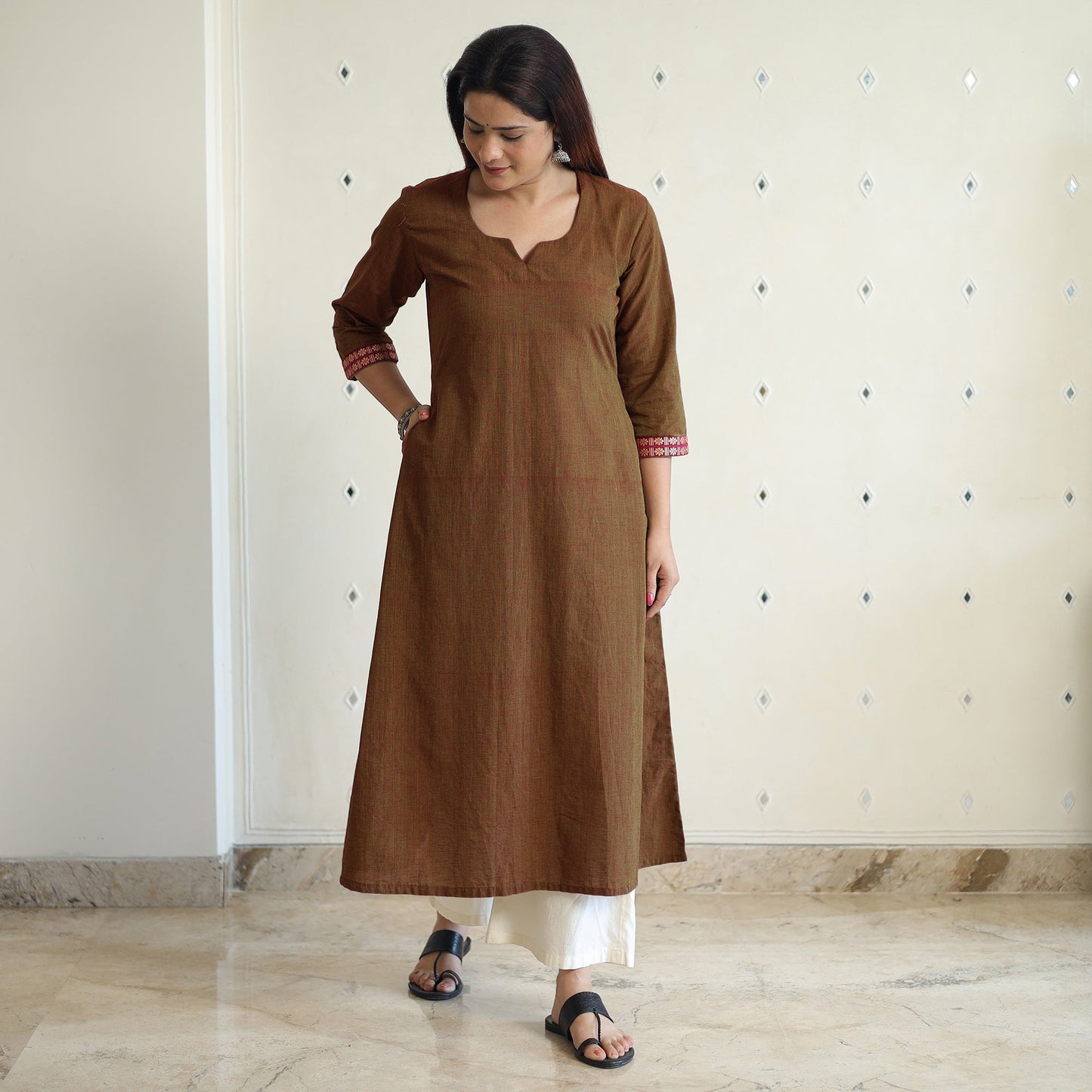 Brown - Dharwad Cotton Long A-Line Kurta for Women