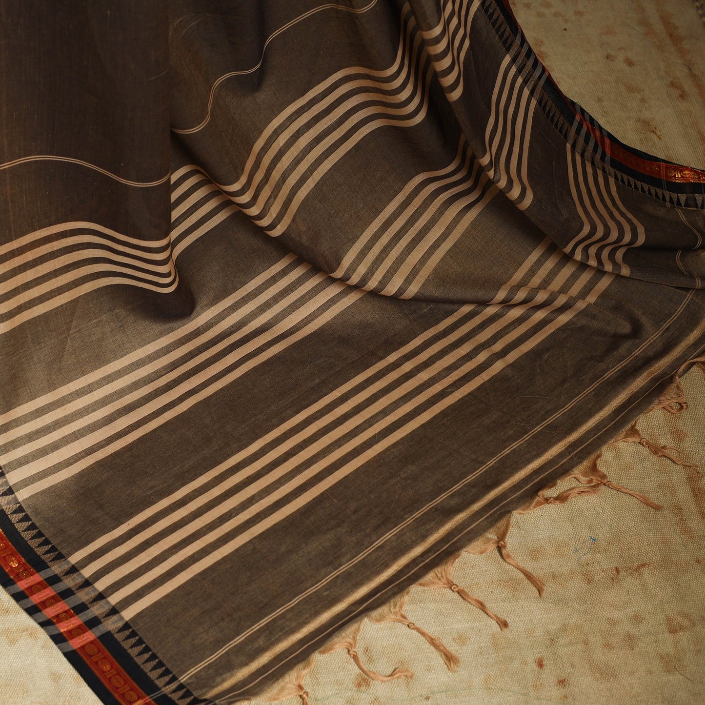 Brown Dharwad Cotton Saree with Zari Border