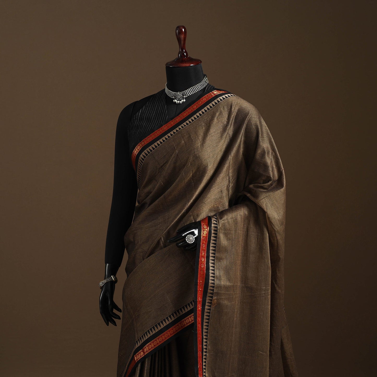 Brown Dharwad Cotton Saree with Zari Border