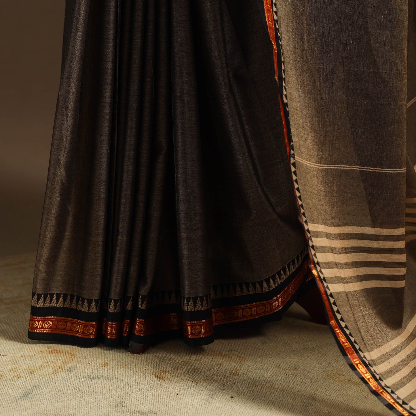Brown Dharwad Cotton Saree with Zari Border