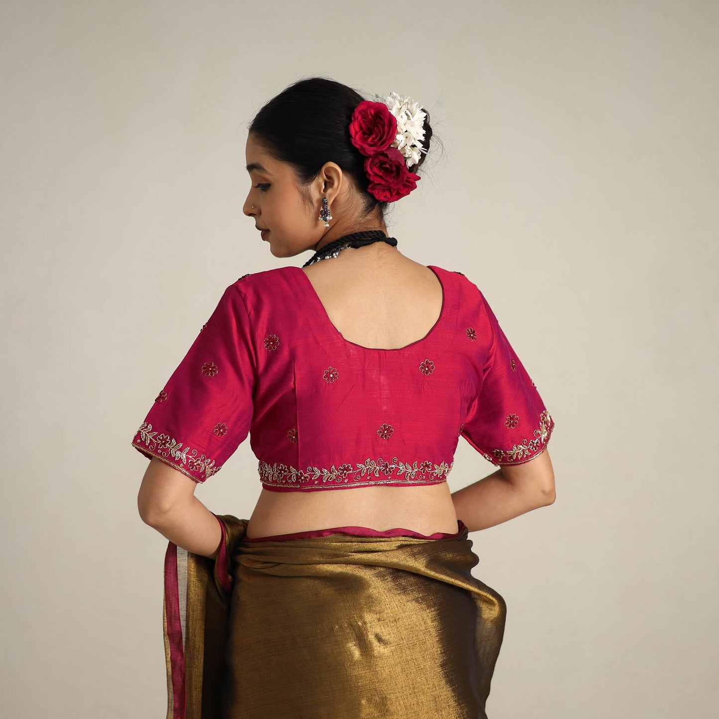 Fine Tissue Zari Brown Bengal Saree with Embroidered Blouse