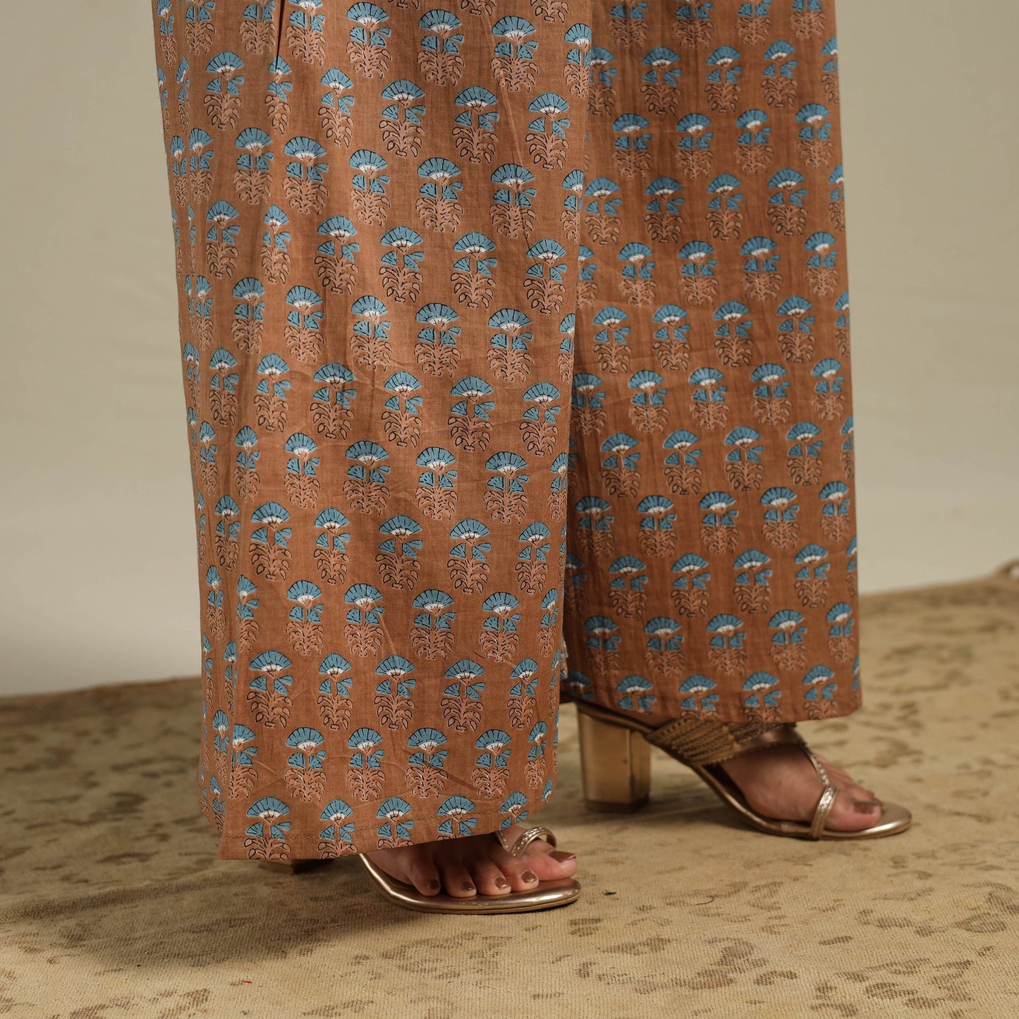 Brown Flared Cotton Jaipur Print Kurta Set (Set of 2)