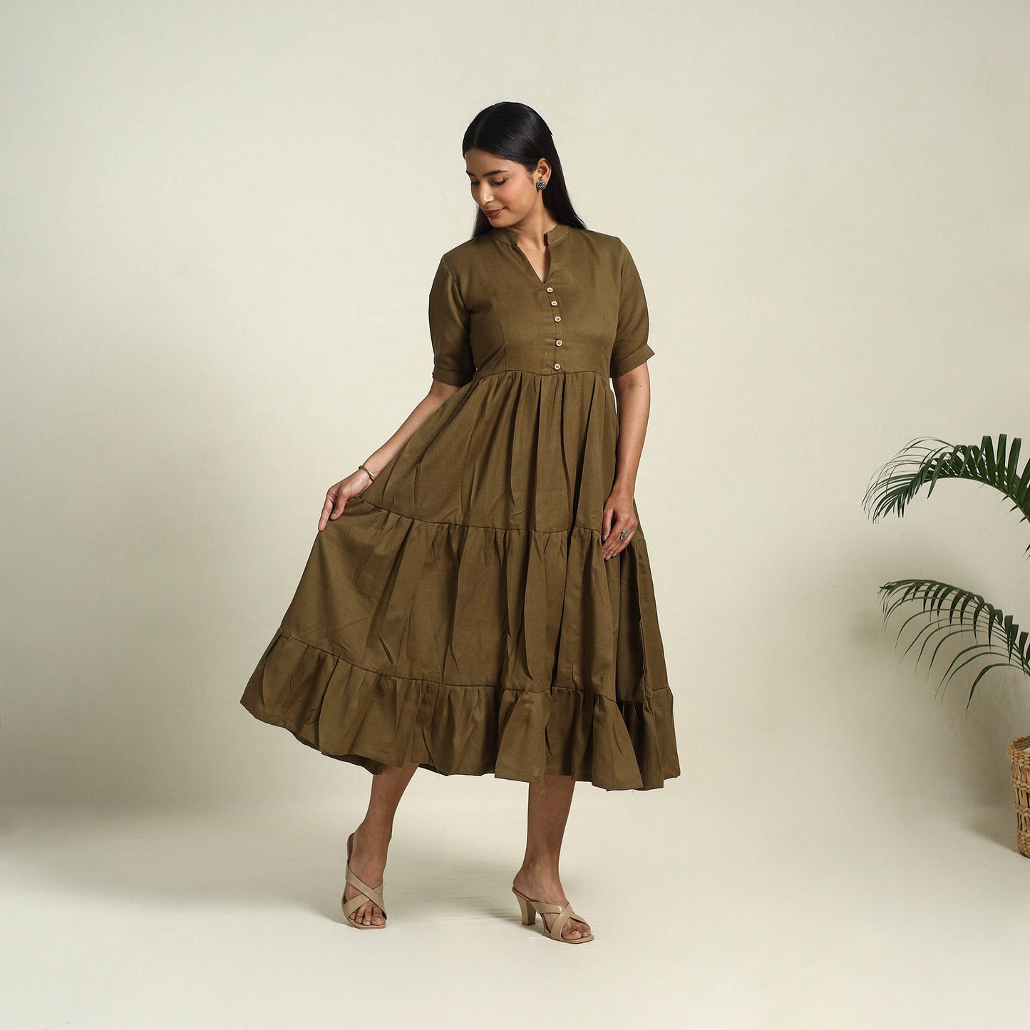 Brown Flex Cotton Tiered Plain Dress