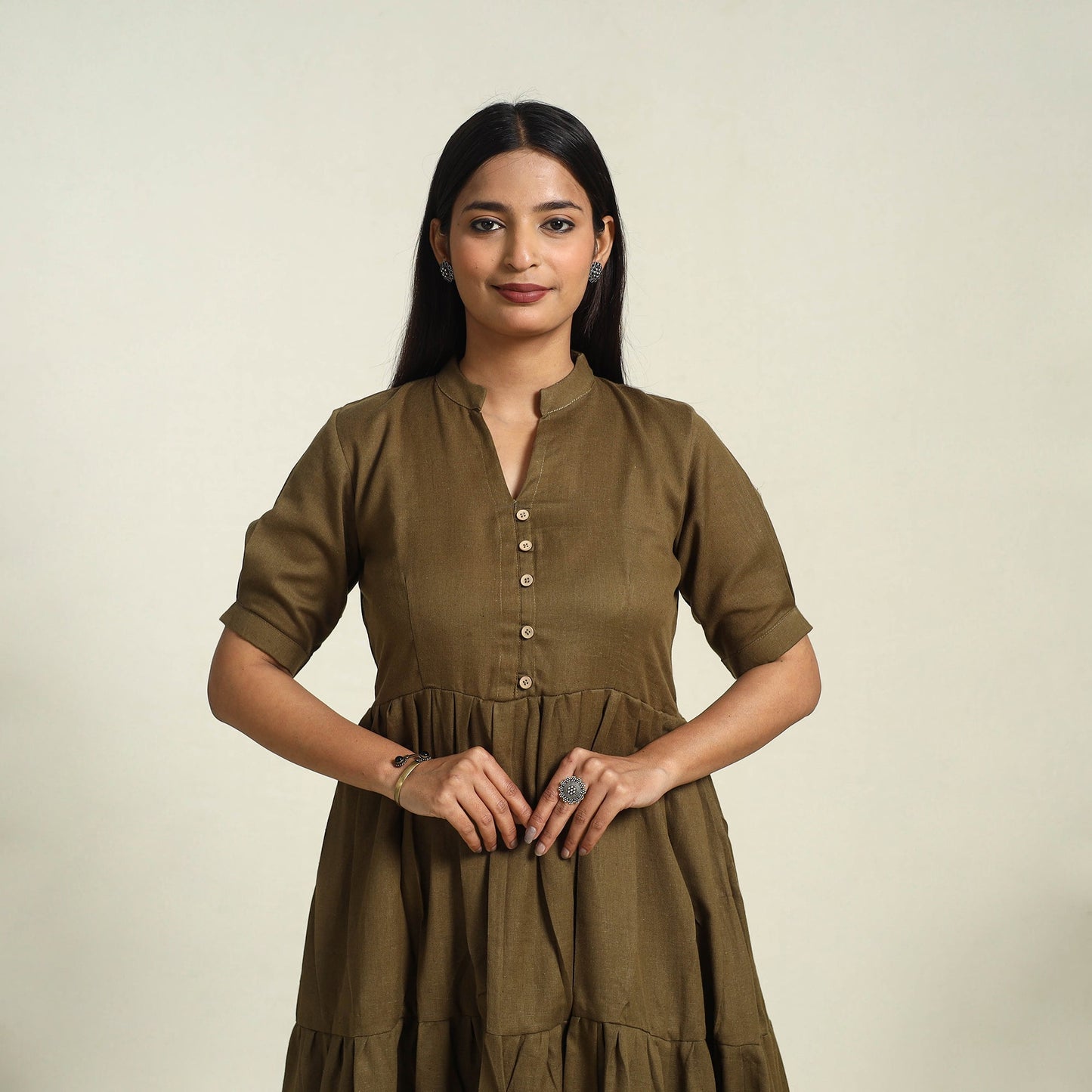 Brown Flex Cotton Tiered Plain Dress