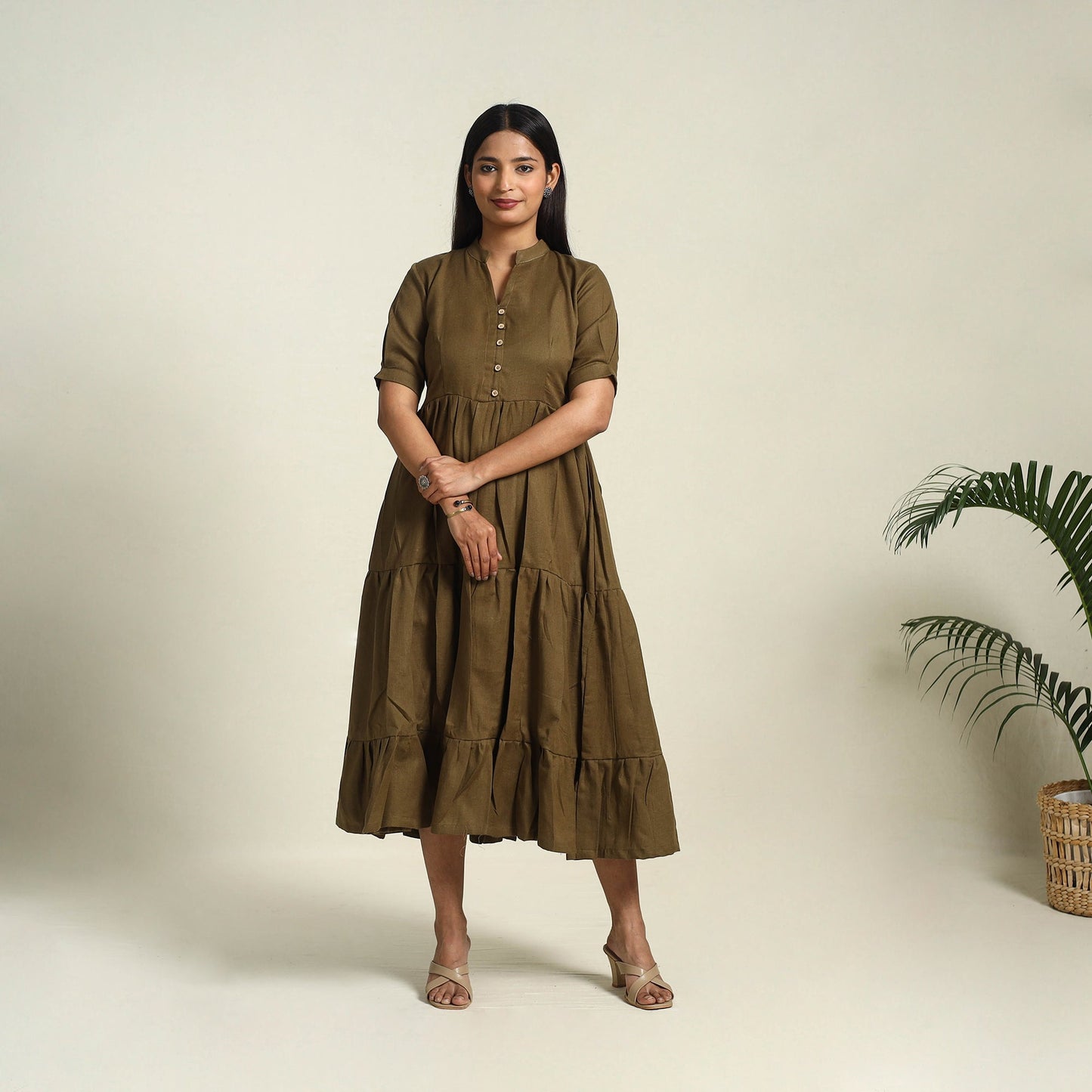Brown Flex Cotton Tiered Plain Dress