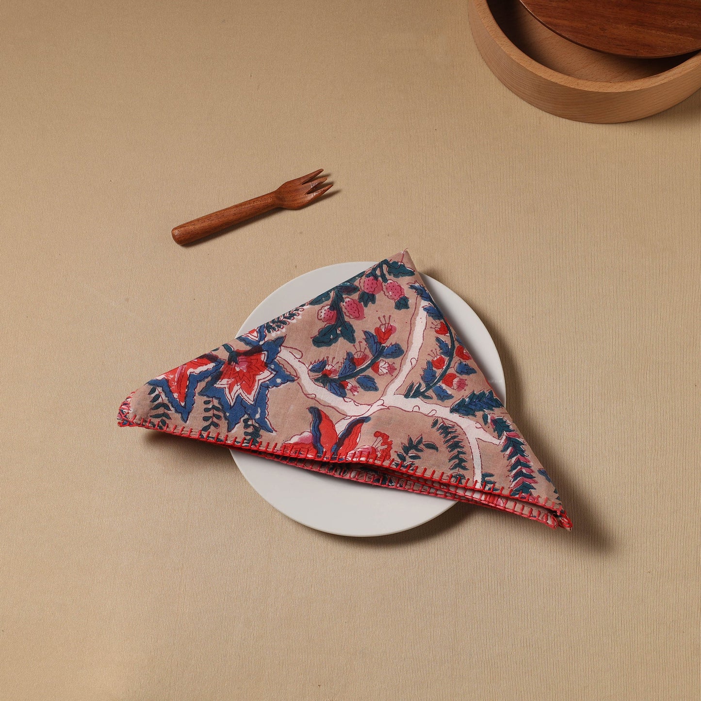 Brown Floral Block Print Cotton Hand Embroidery Table Napkin