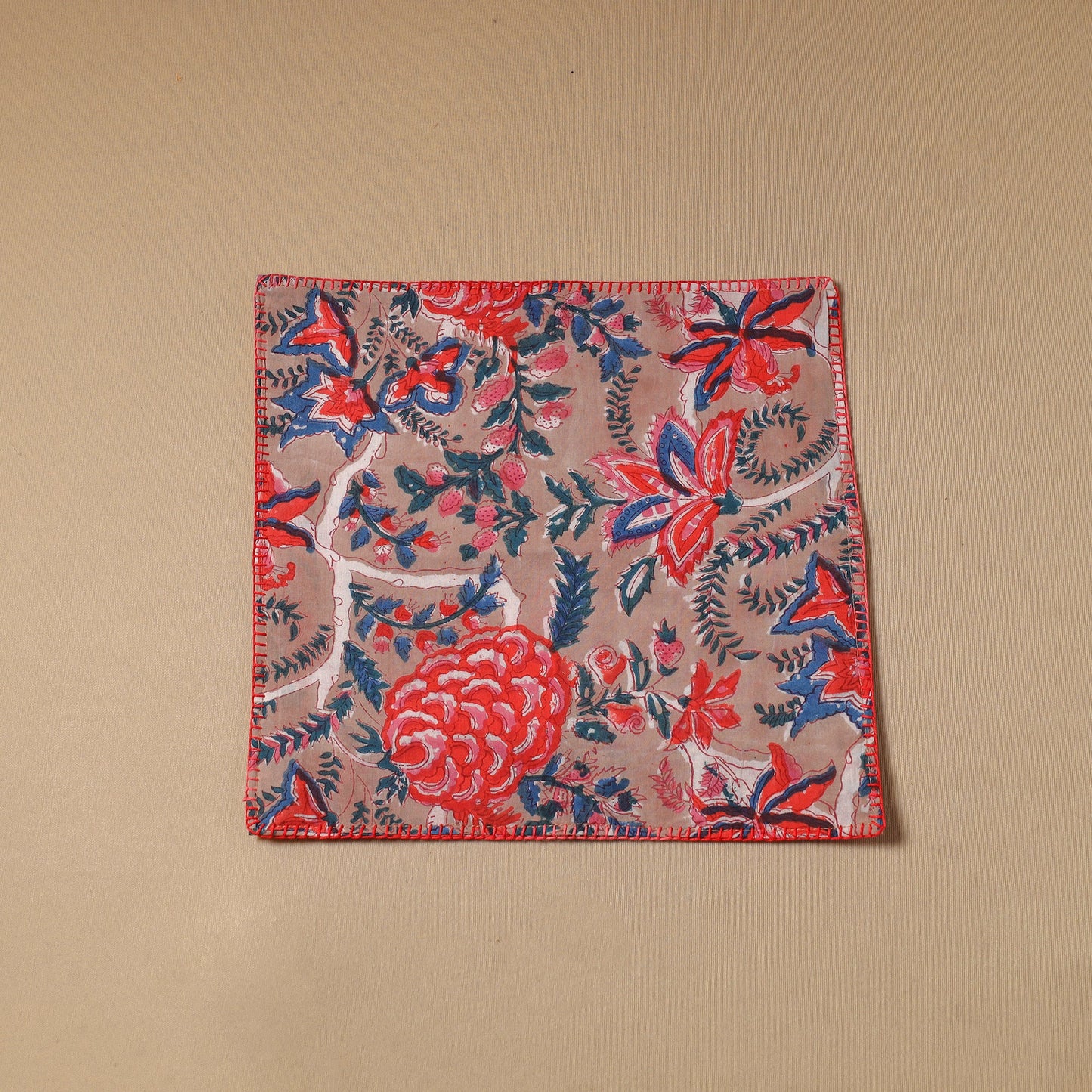 Brown Floral Block Print Cotton Hand Embroidery Table Napkin