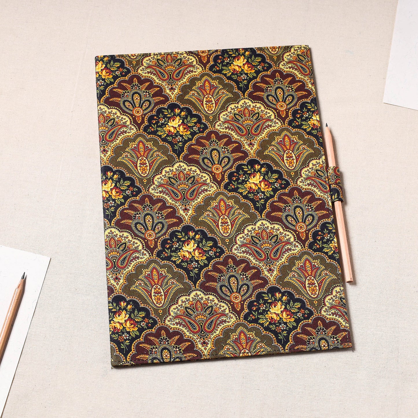 Brown Floral Printed Handcrafted File Folder with Pencil