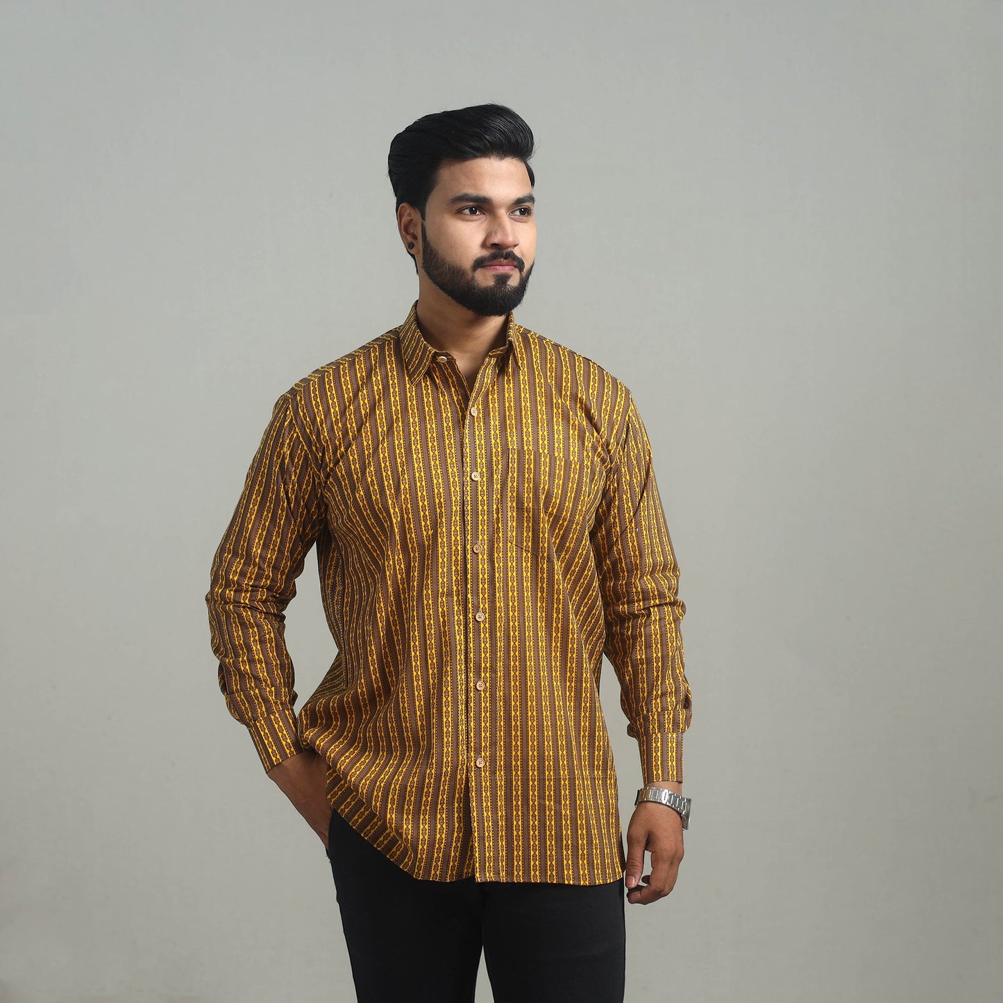 Brown Full Sleeve Cotton Men Jaipur Print Shirt