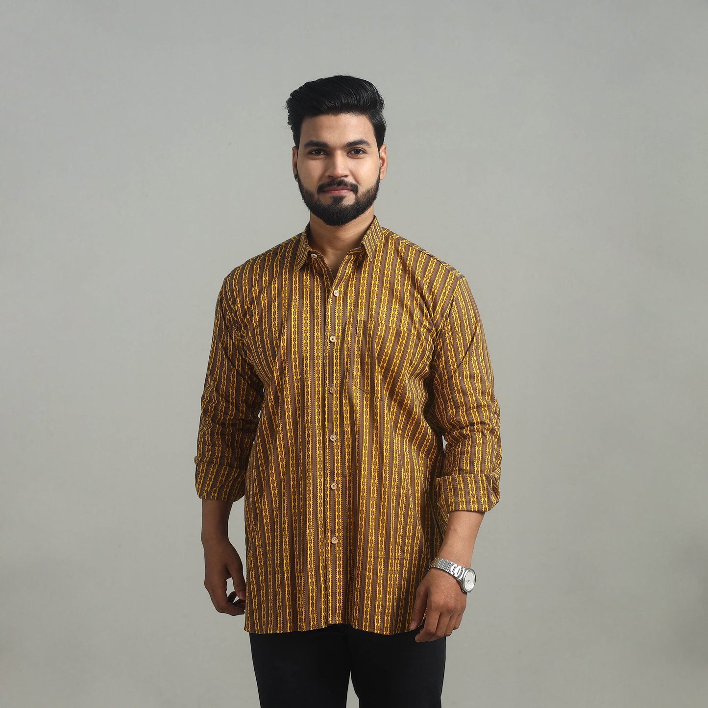 Brown Full Sleeve Cotton Men Jaipur Print Shirt