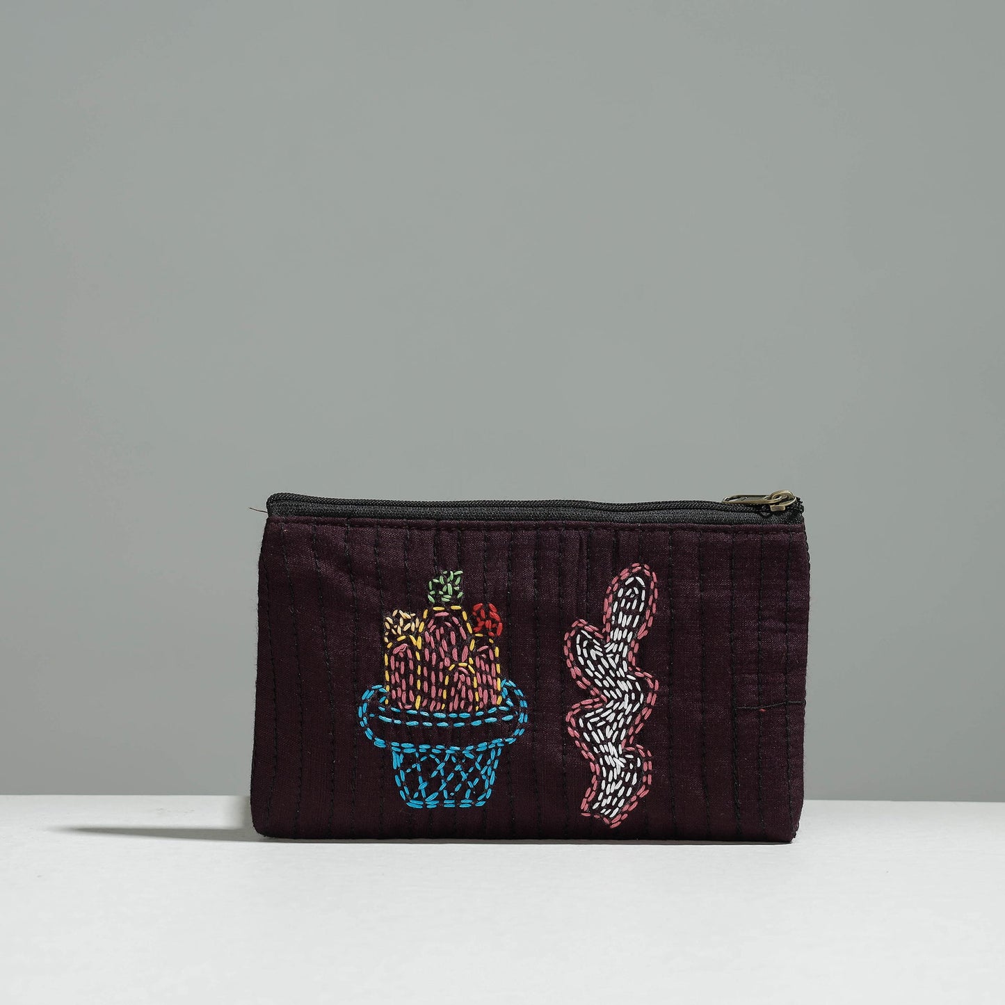 Brown Gamcha Fabric Hand Embroidered Jewelry Pouch