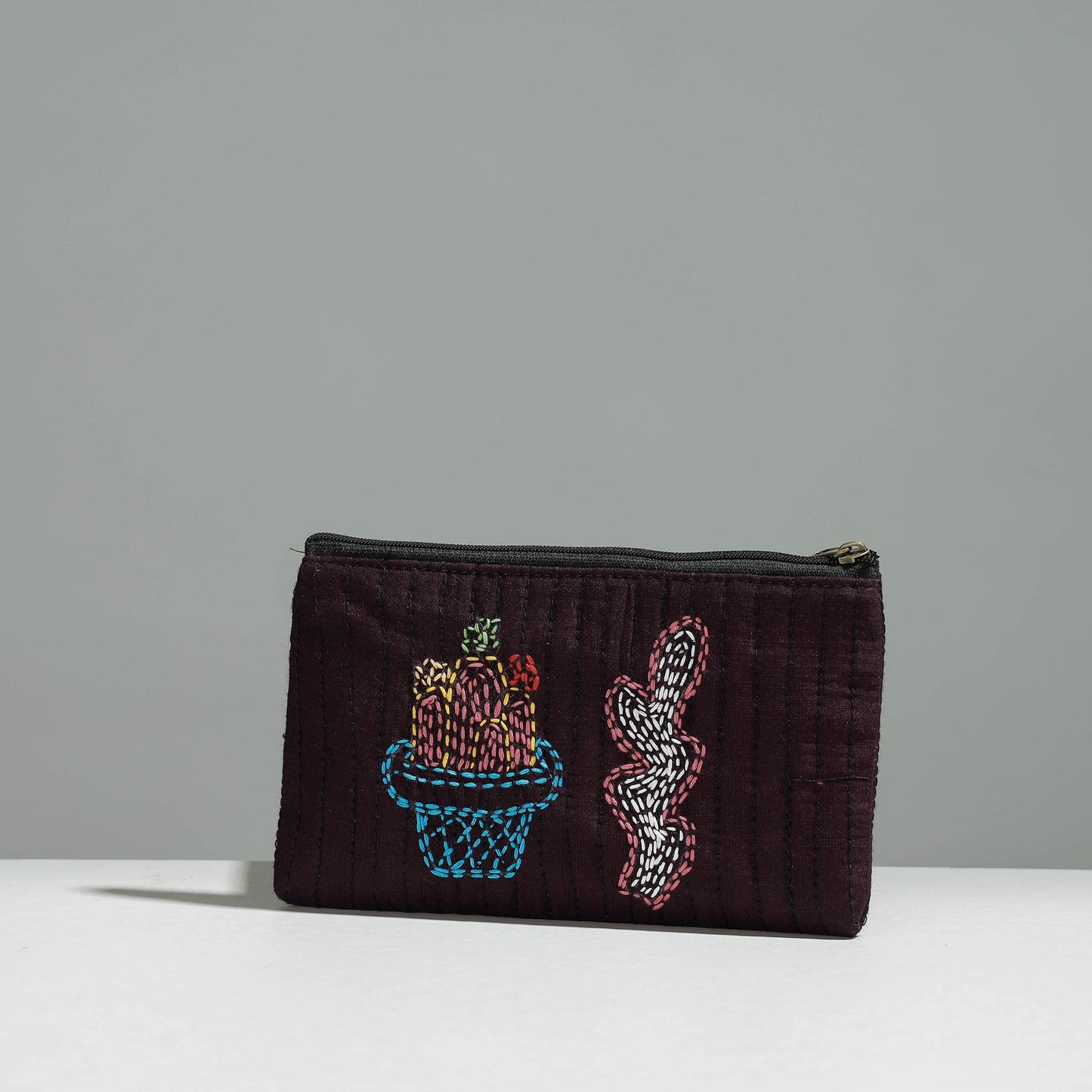 Brown Gamcha Fabric Hand Embroidered Jewelry Pouch