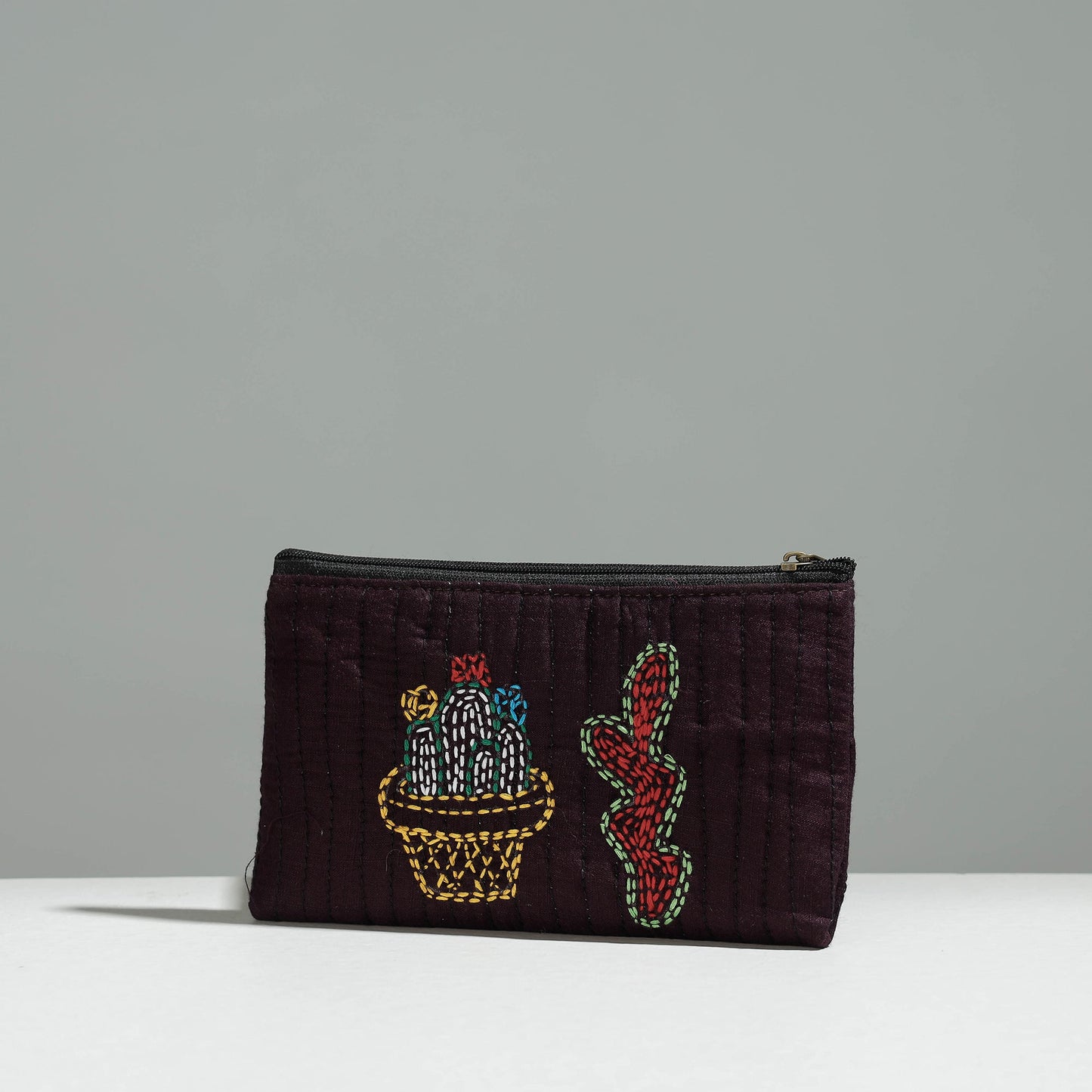 Brown Gamcha Fabric Hand Embroidered Jewelry Pouch