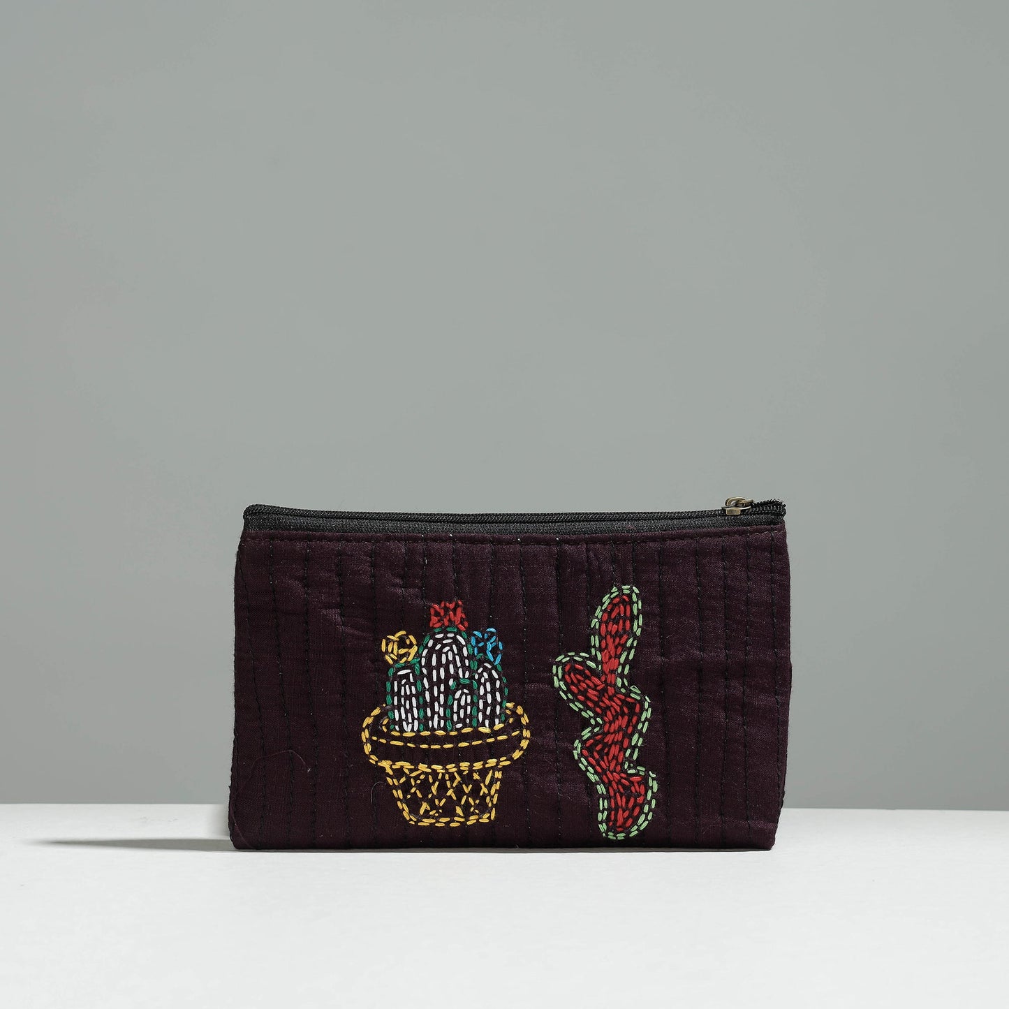 Brown Gamcha Fabric Hand Embroidered Jewelry Pouch