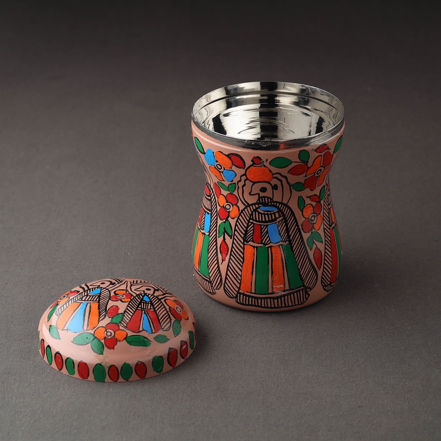 Green - Godna Madhubani Handpainted Stainless Steel Container