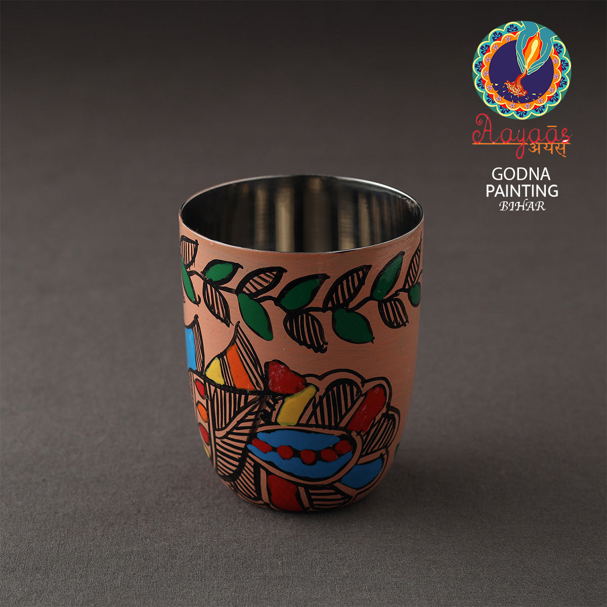 Godna Madhubani Brown Handpainted Stainless Steel Glass