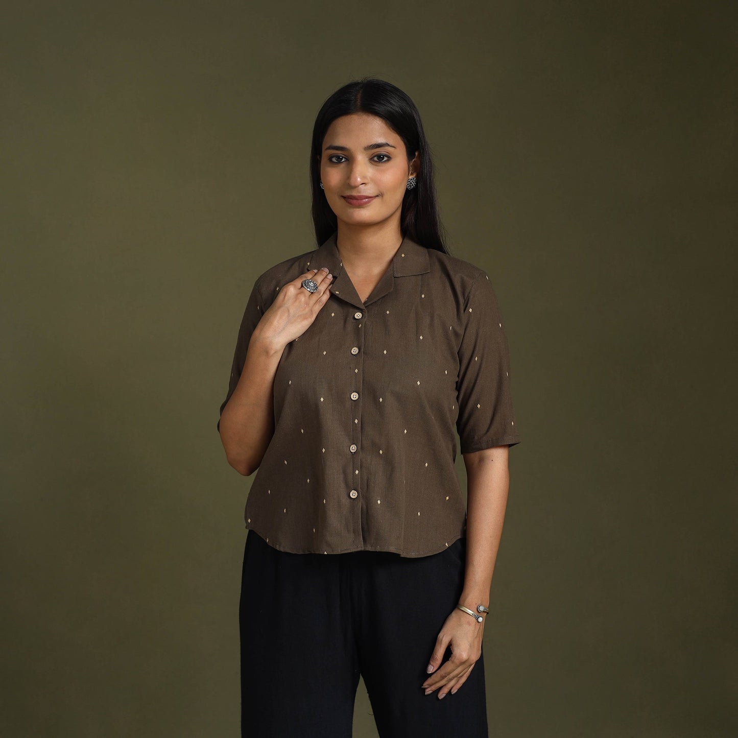 Brown Half Sleeve Cotton Jacquard Crop Top