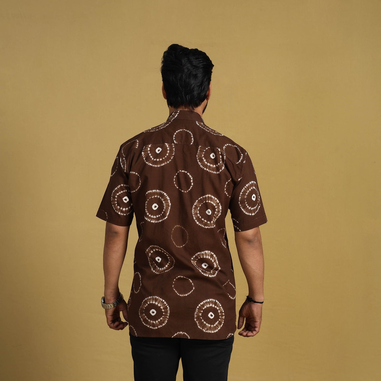 Buy Brown Half Sleeve Tie & Dye Cotton Men Shibori Shirt