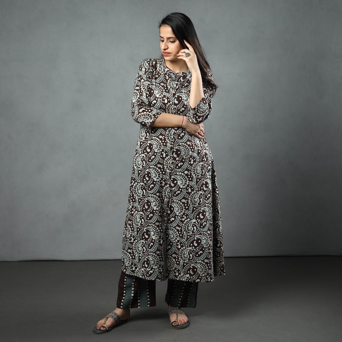 Hand Batik Printed Cotton Kurta with Palazzo & Dupatta Set