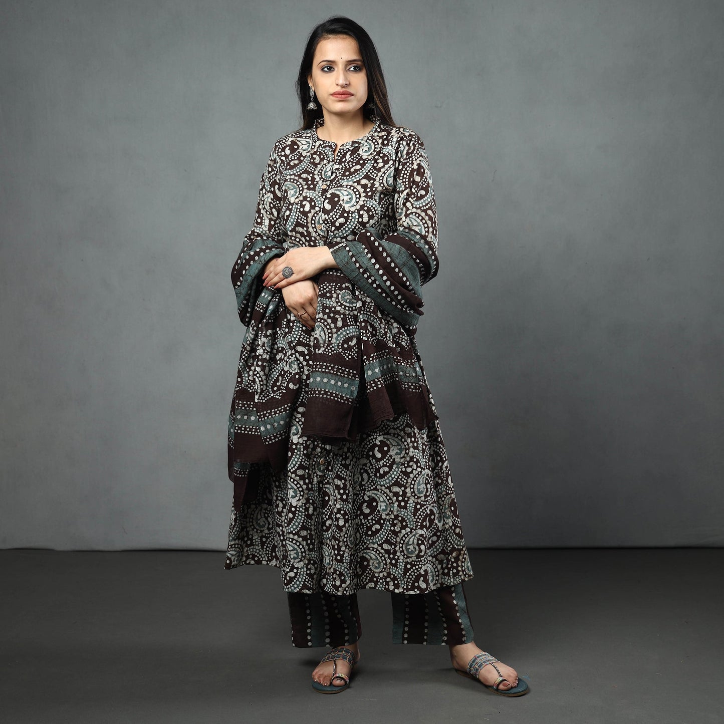 Hand Batik Printed Cotton Kurta with Palazzo & Dupatta Set