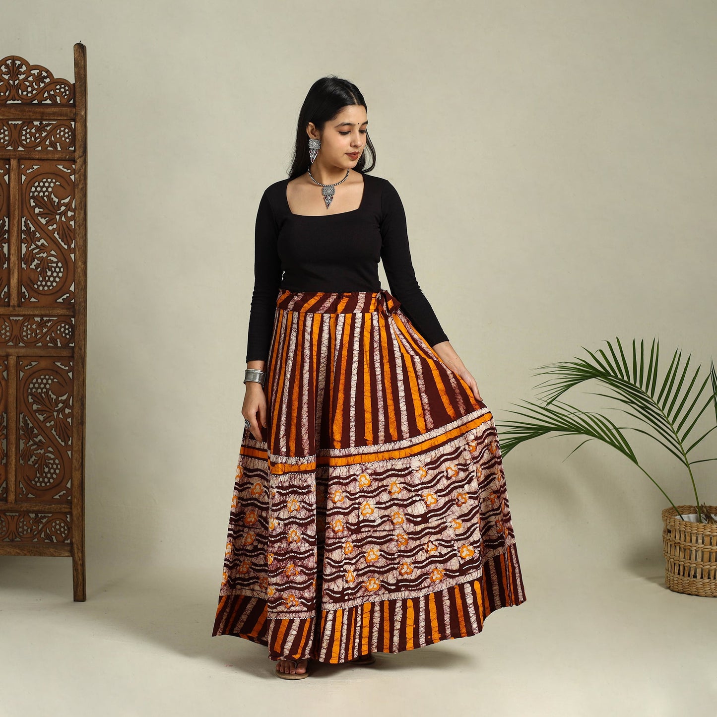Brown Hand Batik Print Running Stitch Cotton Long Skirt
