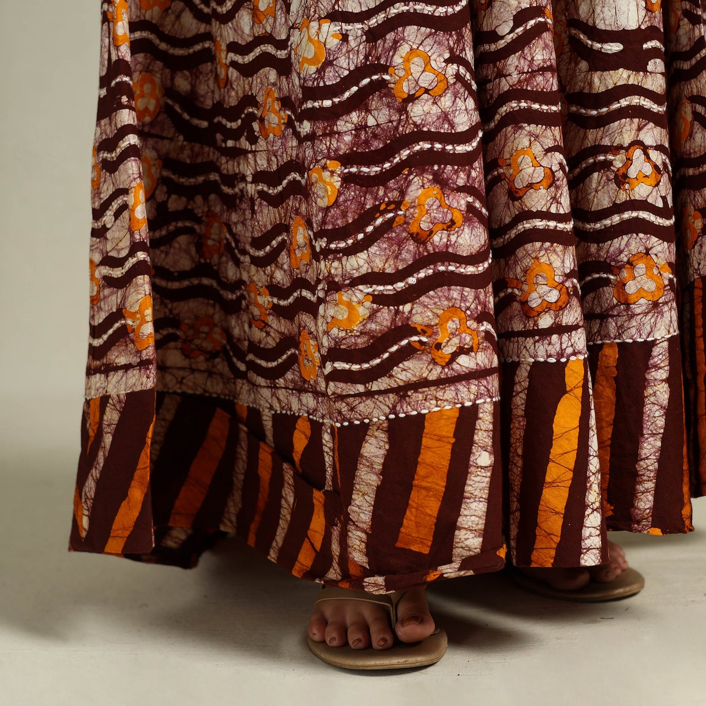 Brown Hand Batik Print Running Stitch Cotton Long Skirt