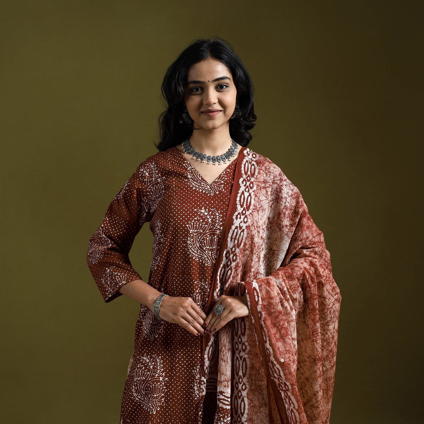 Hand block batik print cotton suit set with dupatta
