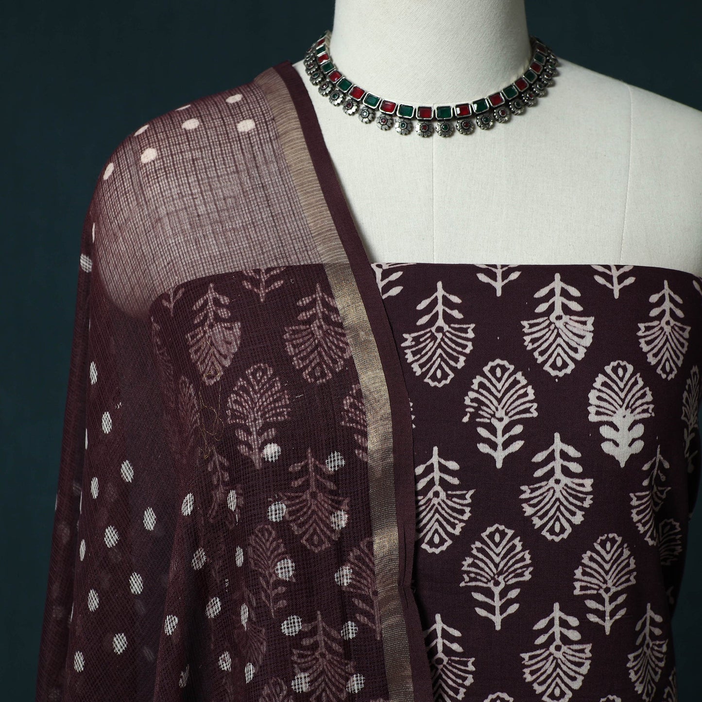 Hand block jaipur print cotton 3pc unstitched dress