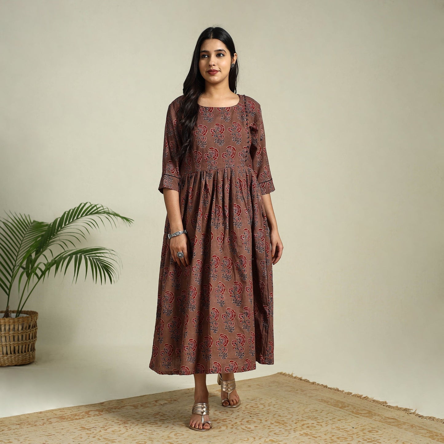 Brown Hand Block Print Cotton Flared Ajrakh Dress