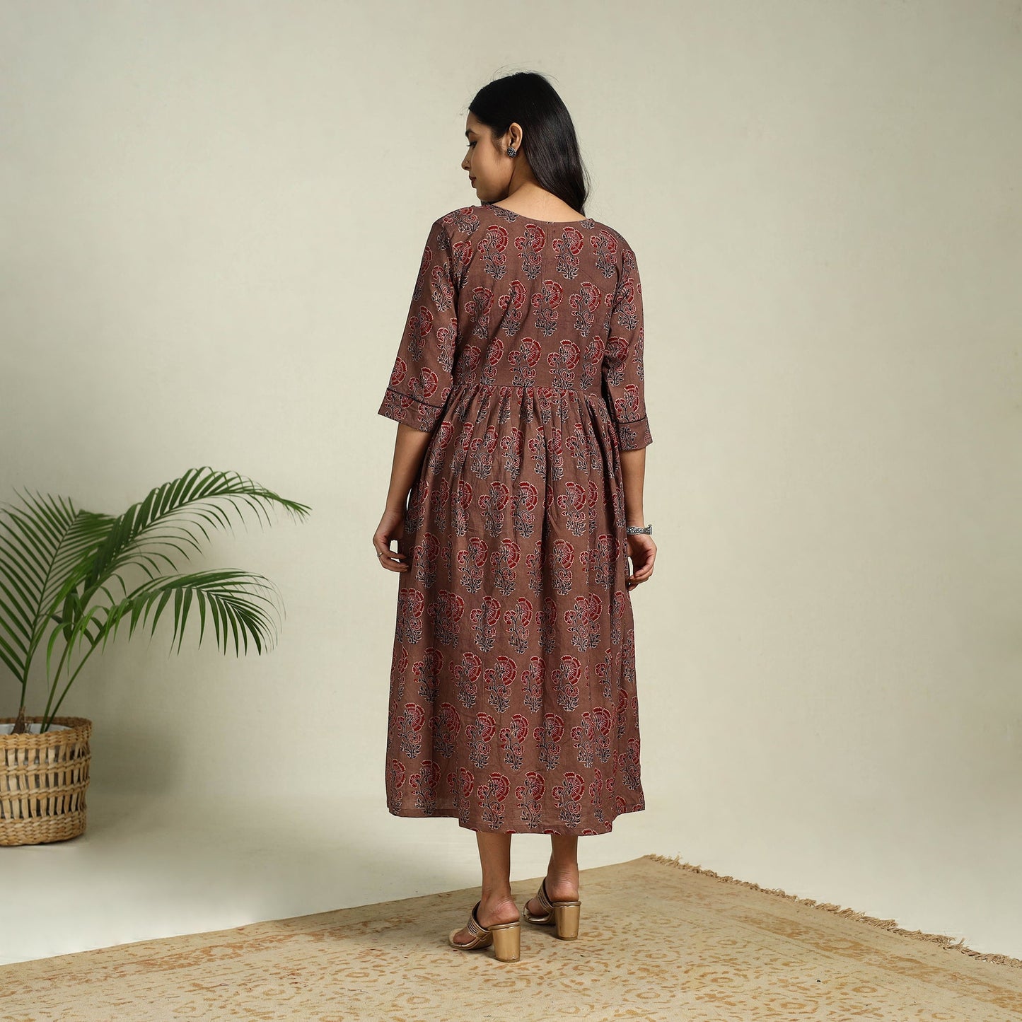 Brown Hand Block Print Cotton Flared Ajrakh Dress