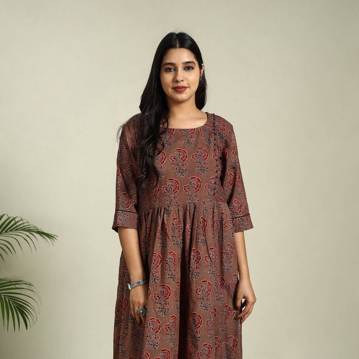 Brown Hand Block Print Cotton Flared Ajrakh Dress