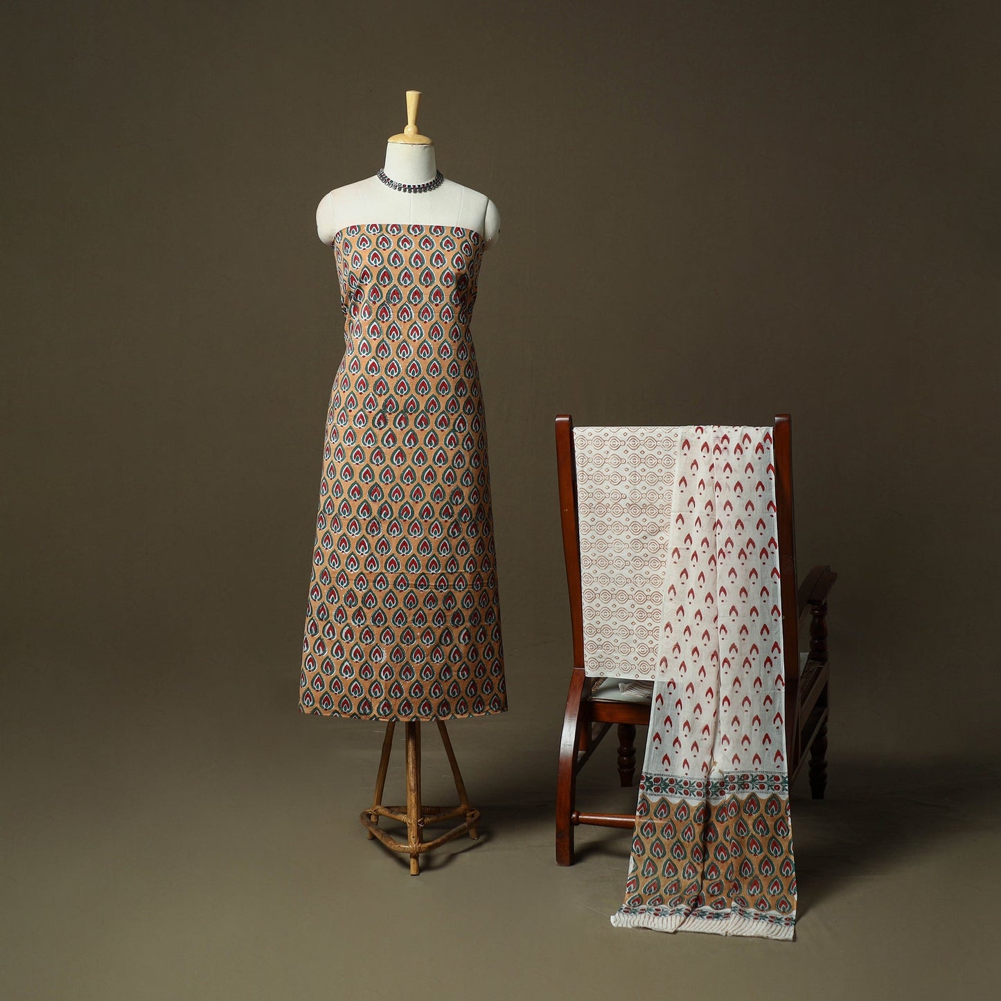 Hand block print cotton sanganeri 3pc unstitched dress