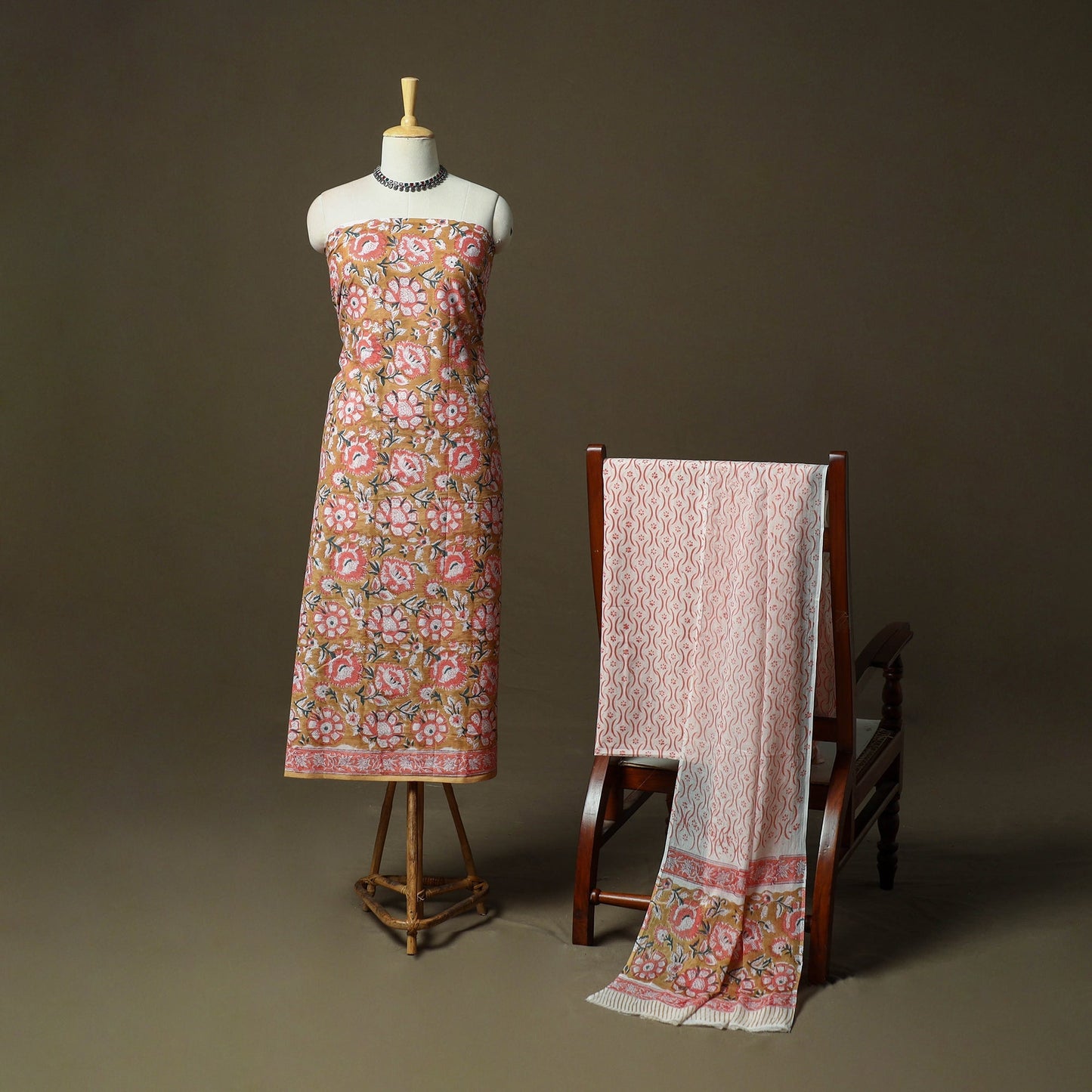 Hand block print cotton sanganeri 3pc unstitched dress