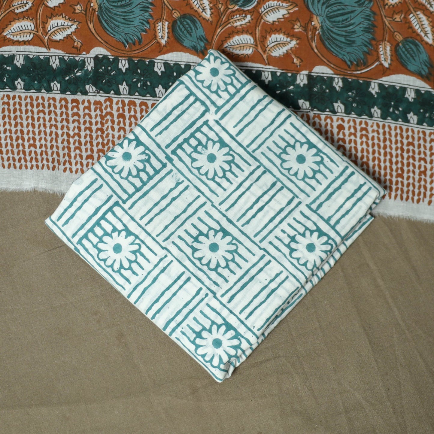 Hand block print cotton sanganeri 3pc unstitched dress