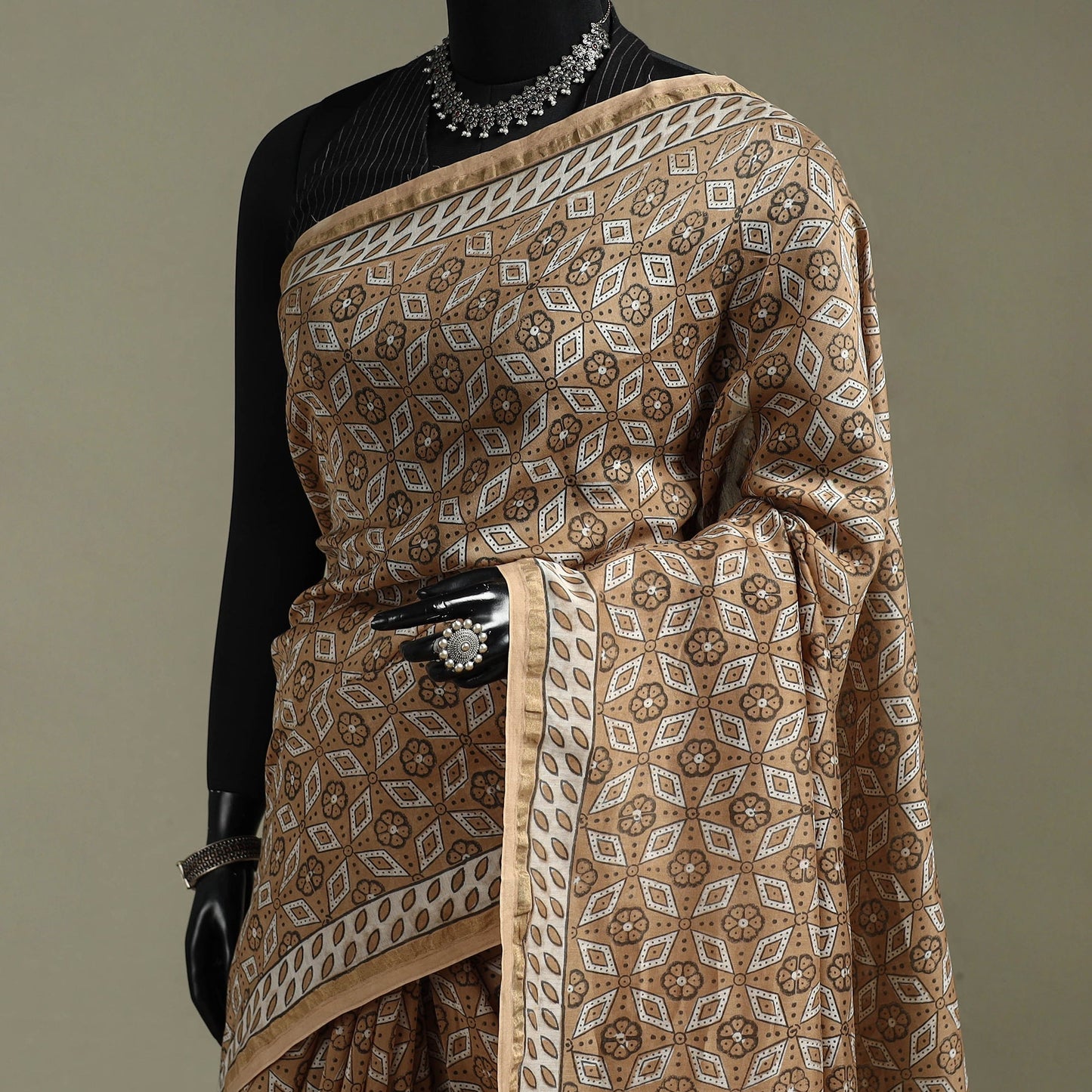 Hand block print natural dyed chanderi silk akola saree 11