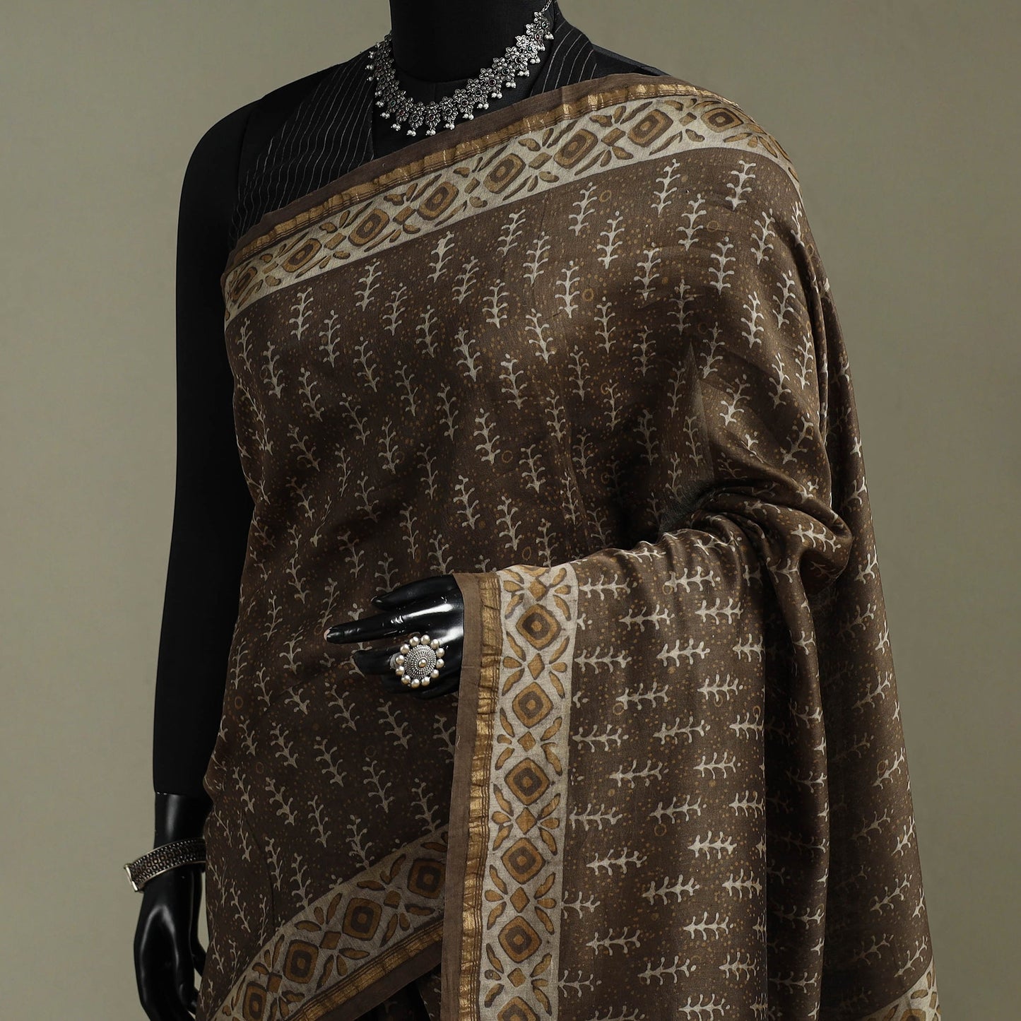 Hand block print natural dyed chanderi silk akola saree 12