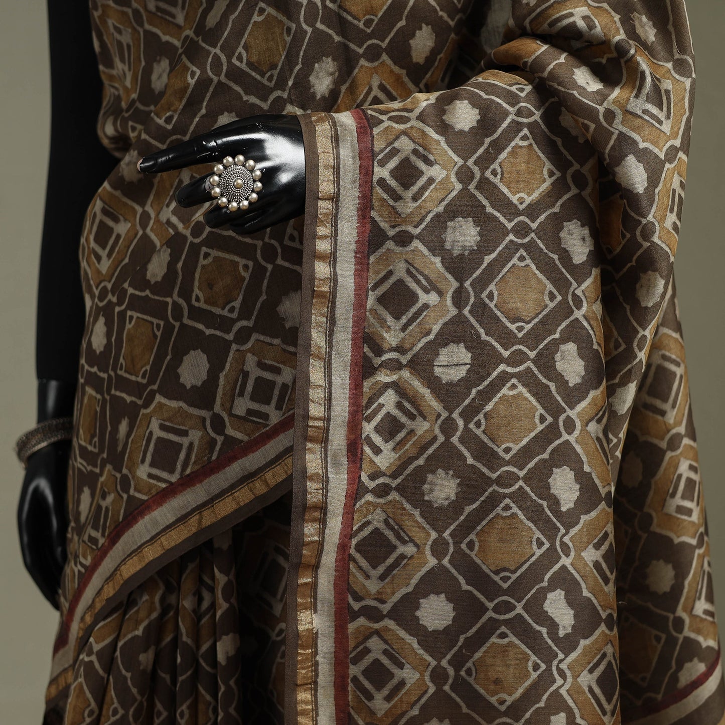 Hand block print natural dyed chanderi silk akola saree 15