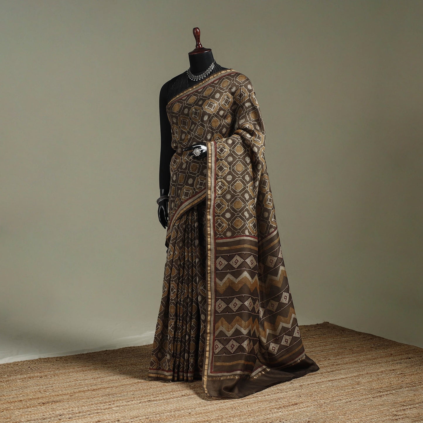 Hand block print natural dyed chanderi silk akola saree 15