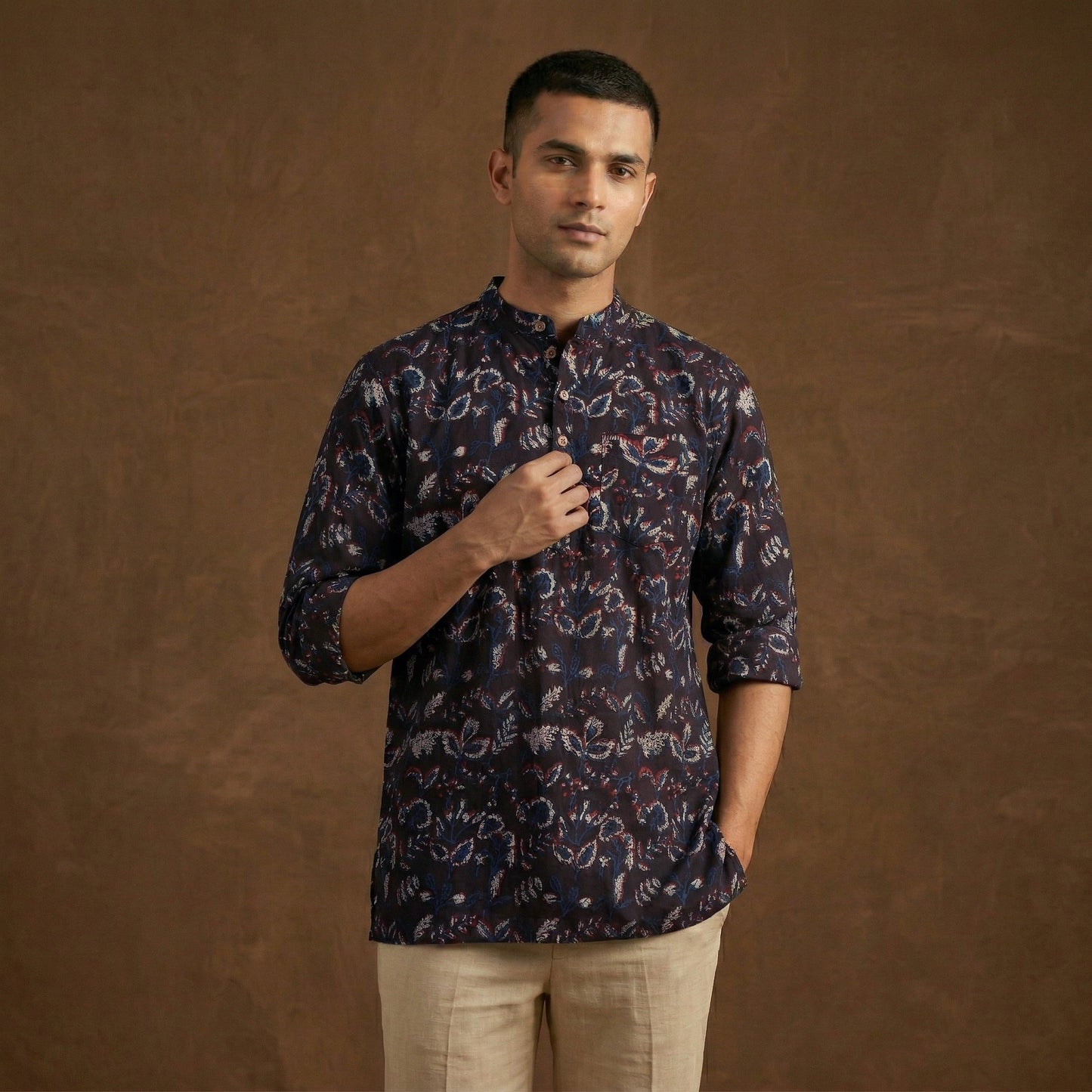 Hand block print natural dyed cotton short dabu bagru kurta