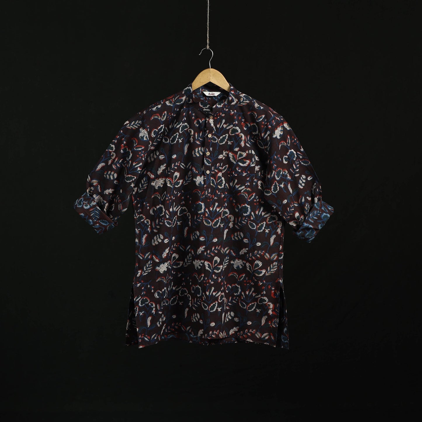 Hand block print natural dyed cotton short bagru kurta