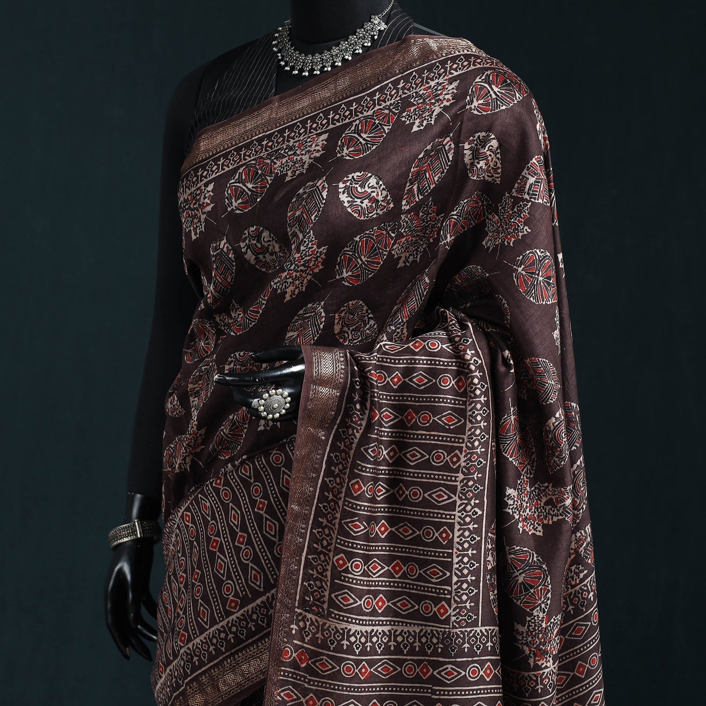 Hand block print natural dyed maheshwari silk ajrakh saree